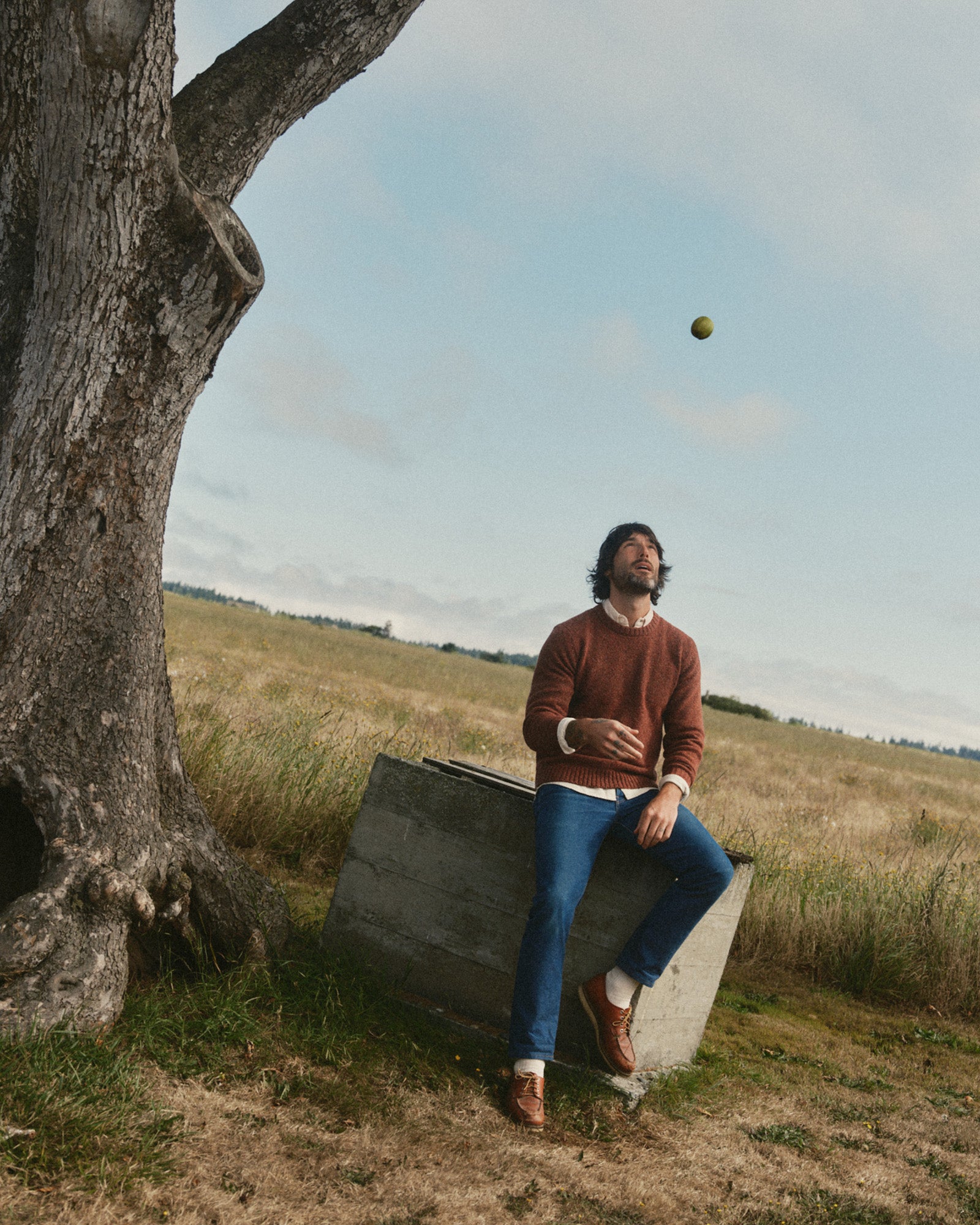 fit model sitting wearing The Seafarer Crew Sweater in Ember Donegal, Sweaters by Taylor Stitch