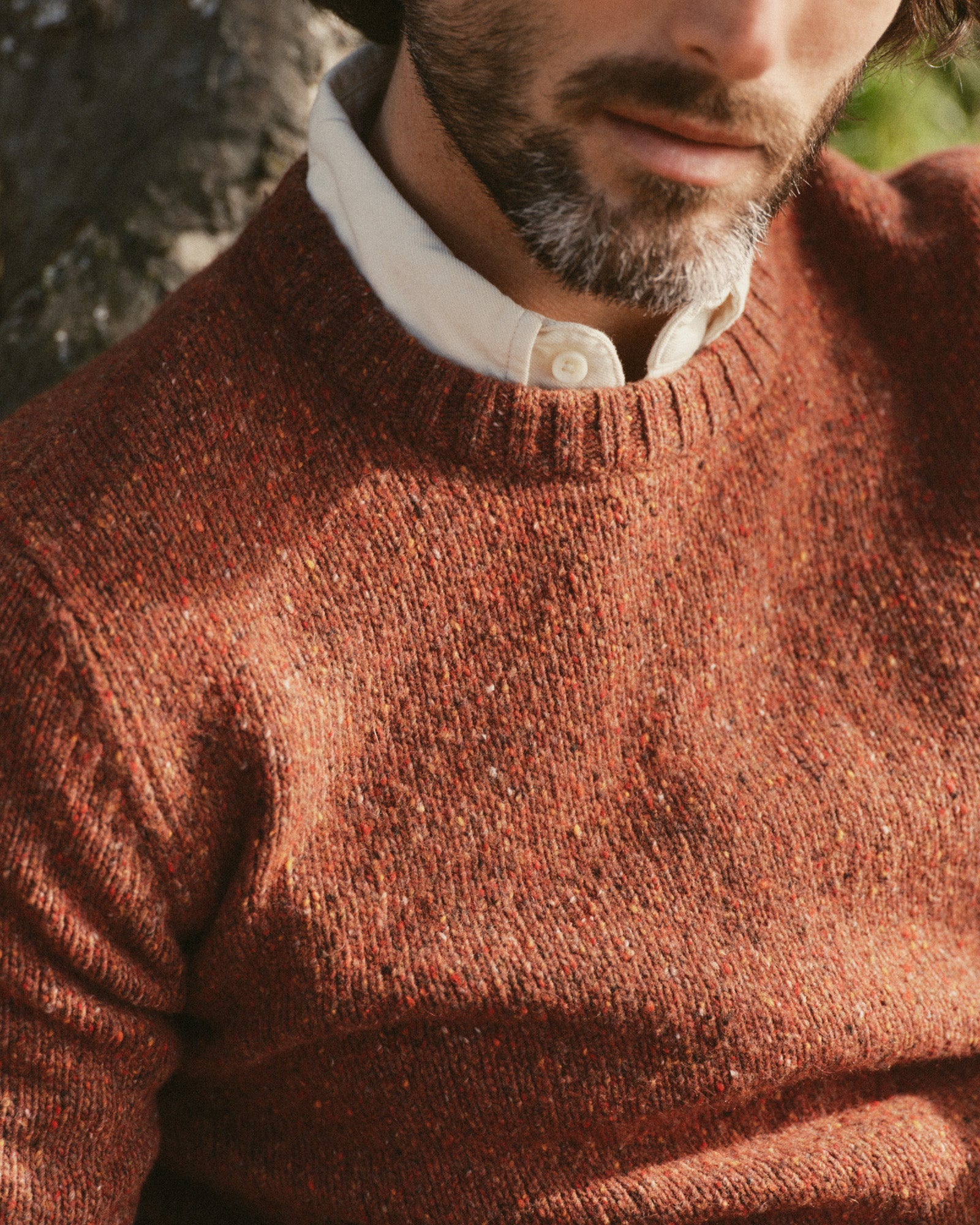 fit model showing off The Seafarer Crew Sweater in Ember Donegal, Sweaters by Taylor Stitch