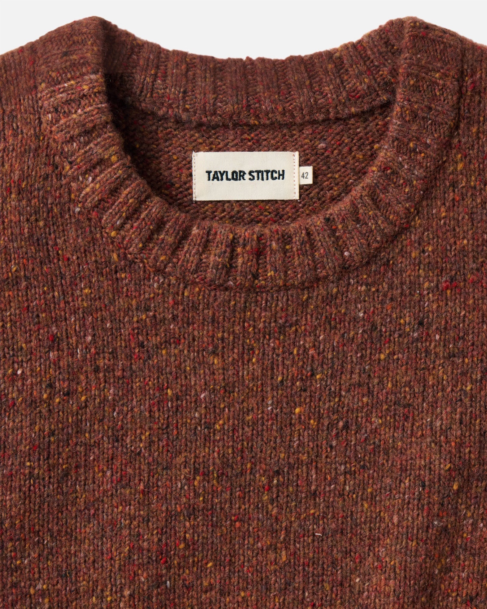 material shot of the collar on The Seafarer Crew Sweater in Ember Donegal, Sweaters by Taylor Stitch