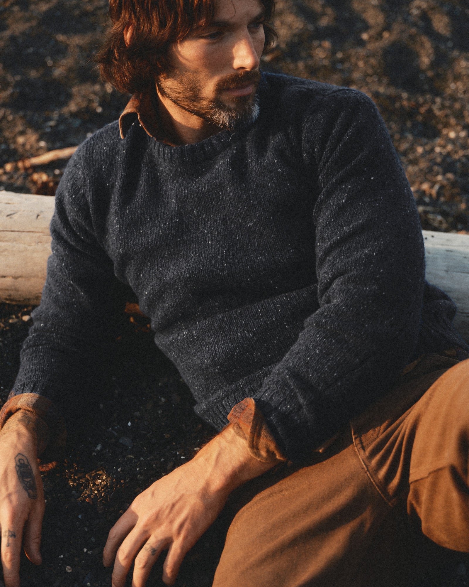 fit model leaning against a tree wearing The Seafarer Crew Sweater in Atlantic Blue Donegal, Sweaters by Taylor Stitch