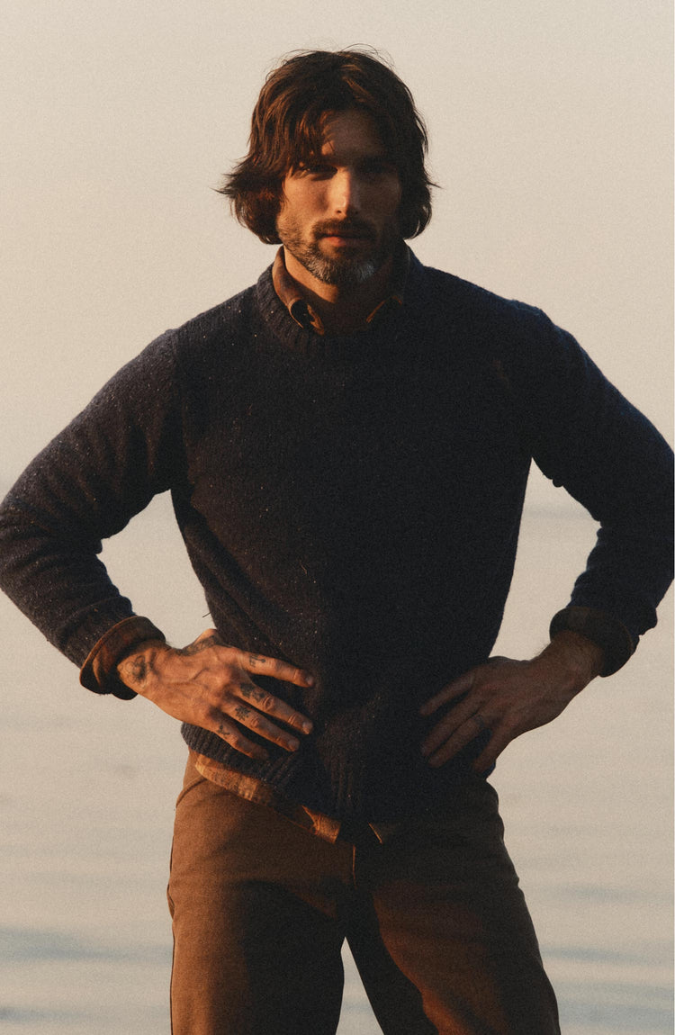 fit model posing in The Seafarer Crew Sweater in Atlantic Blue Donegal