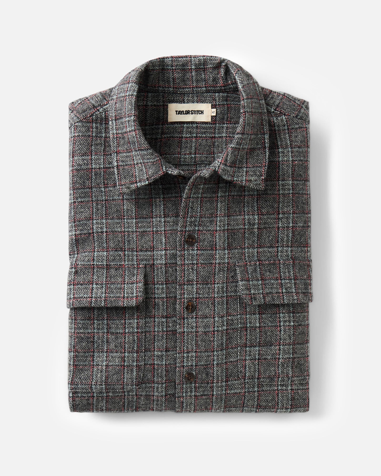 folded flatlay of The Shore Shirt in Flint Check Wool, Wovens by Taylor Stitch