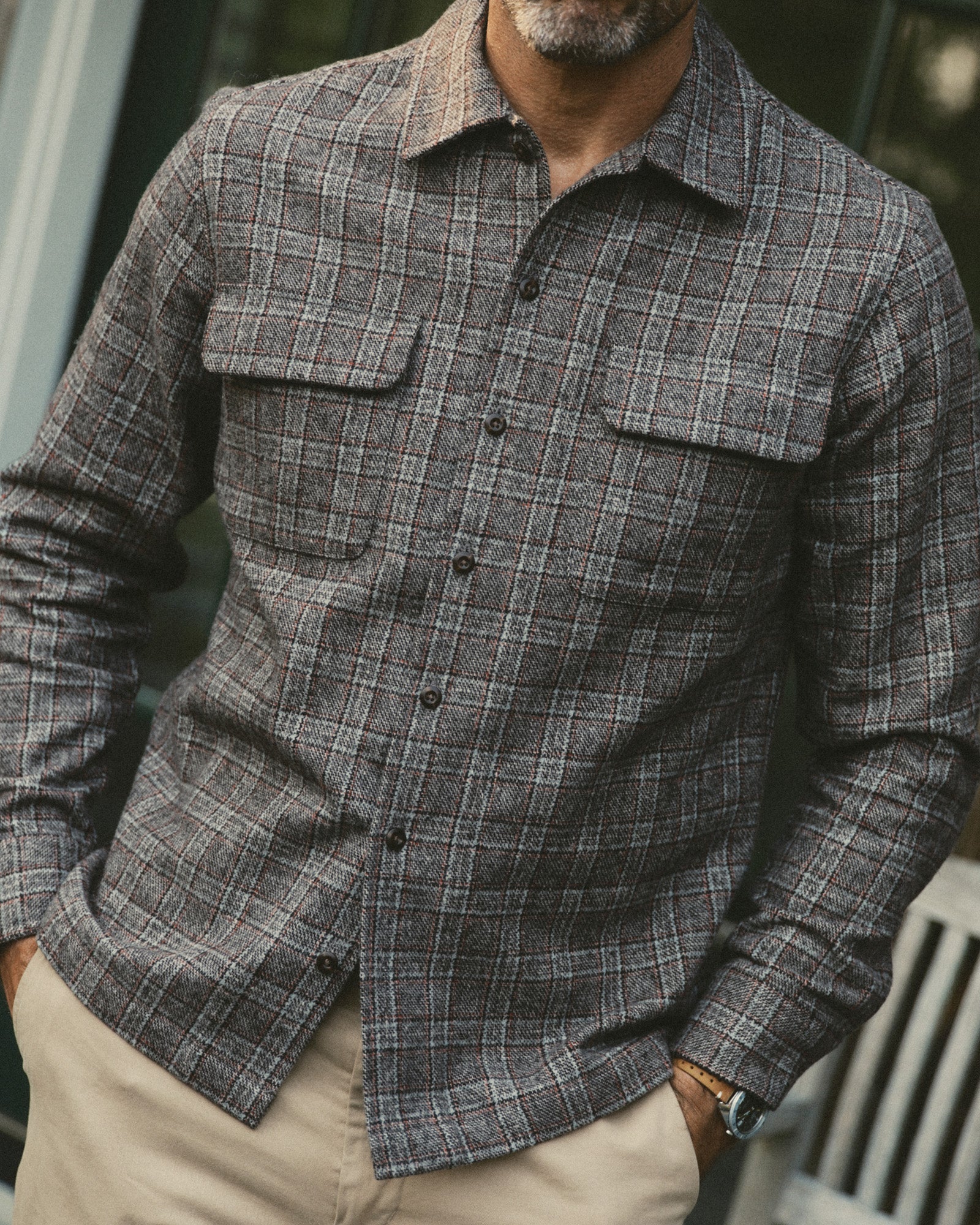 fit model showing off The Shore Shirt in Flint Check Wool, Wovens by Taylor Stitch