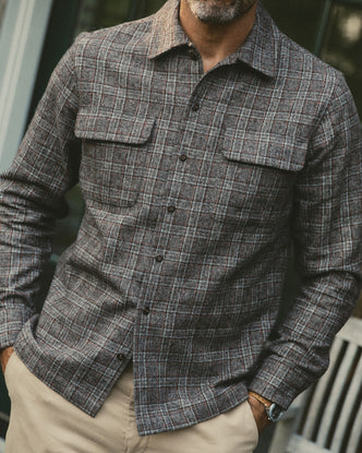 fit model showing off The Shore Shirt in Flint Check Wool