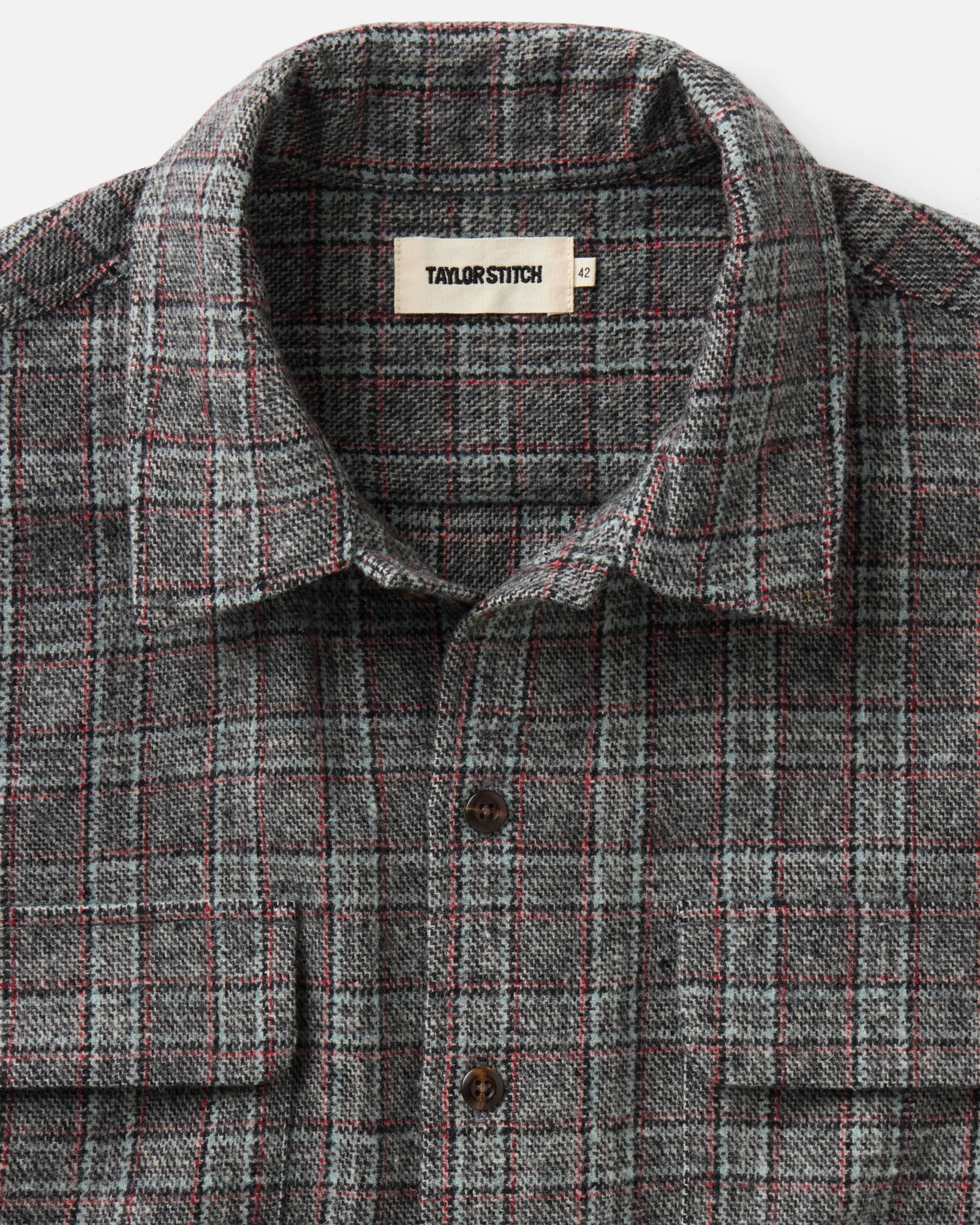 material shot of the collar on The Shore Shirt in Flint Check Wool, Wovens by Taylor Stitch