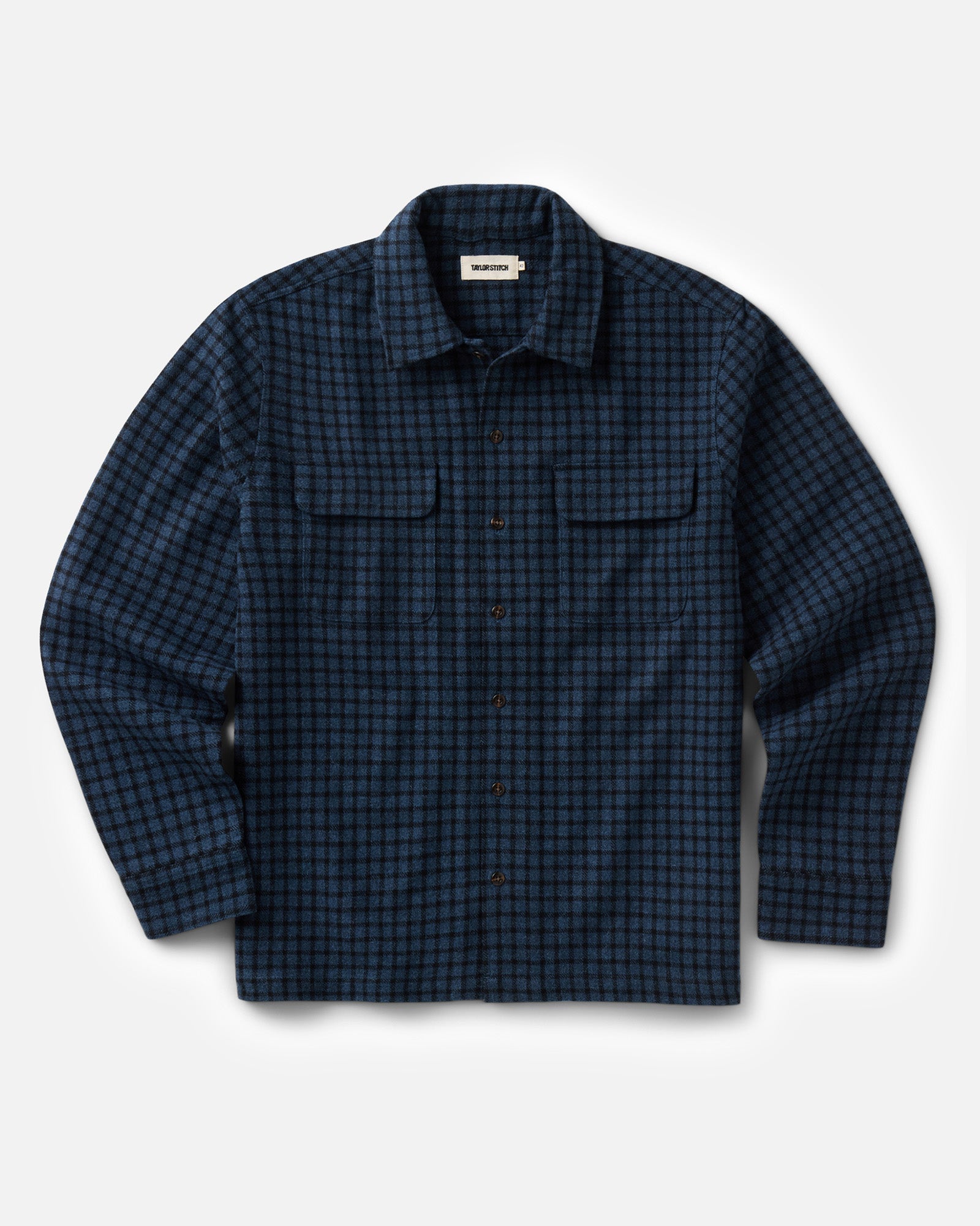 flatlay of The Shore Shirt in Midnight Check Wool, Wovens by Taylor Stitch