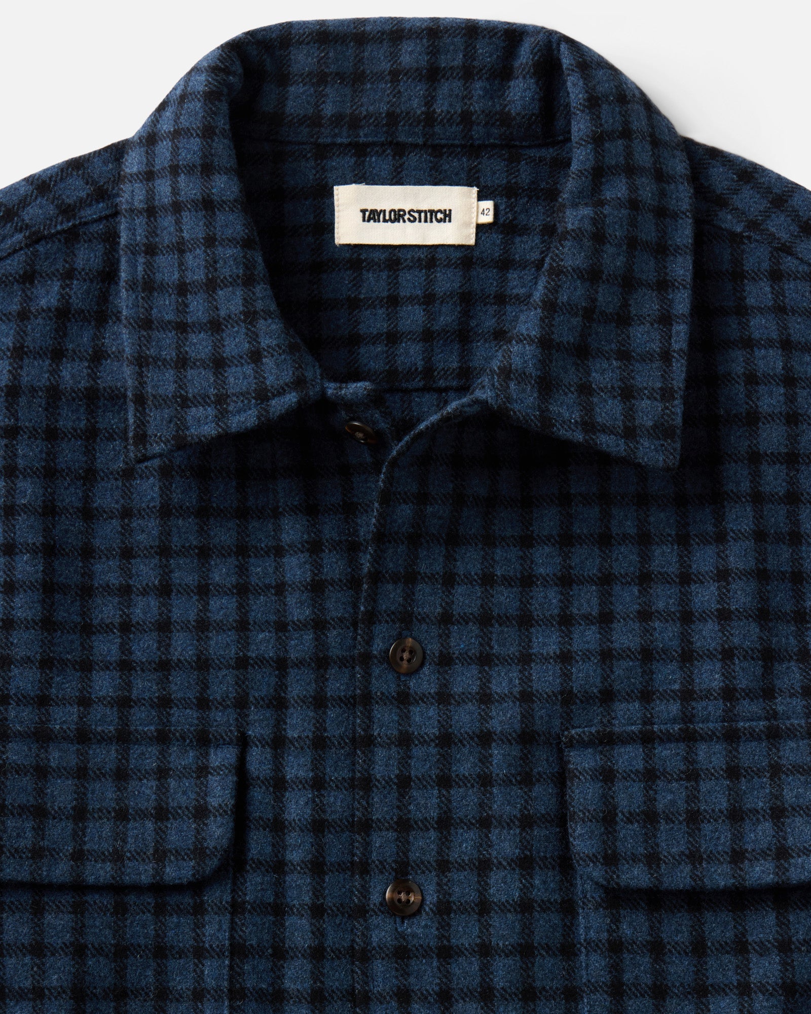 material shot of the collar on The Shore Shirt in Midnight Check Wool, Wovens by Taylor Stitch