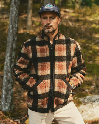 fit model posing in The Alta Jacket in Montana Plaid Fleece
