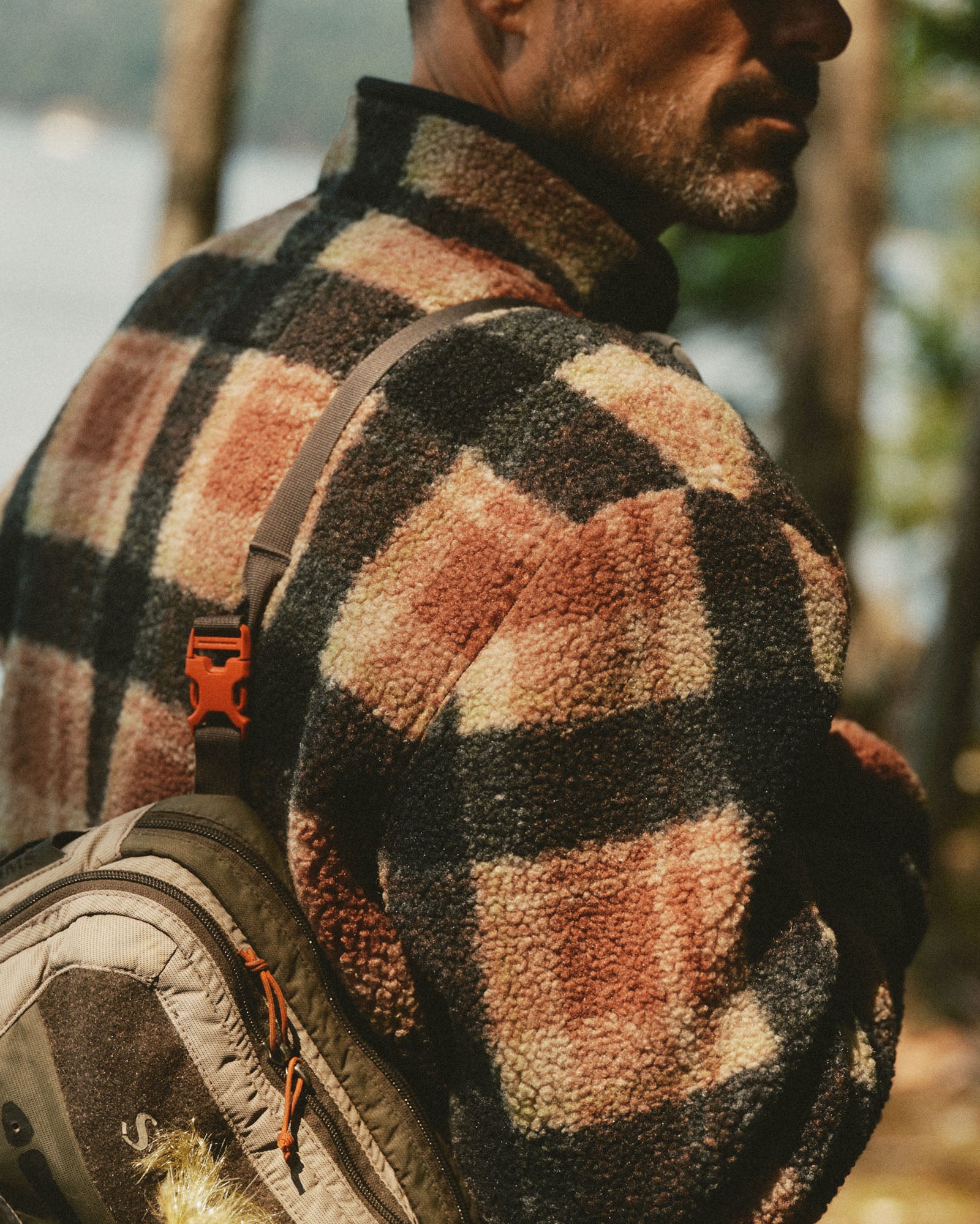 fit model showing off the back of The Alta Jacket in Montana Plaid Fleece, Outerwear by Taylor Stitch
