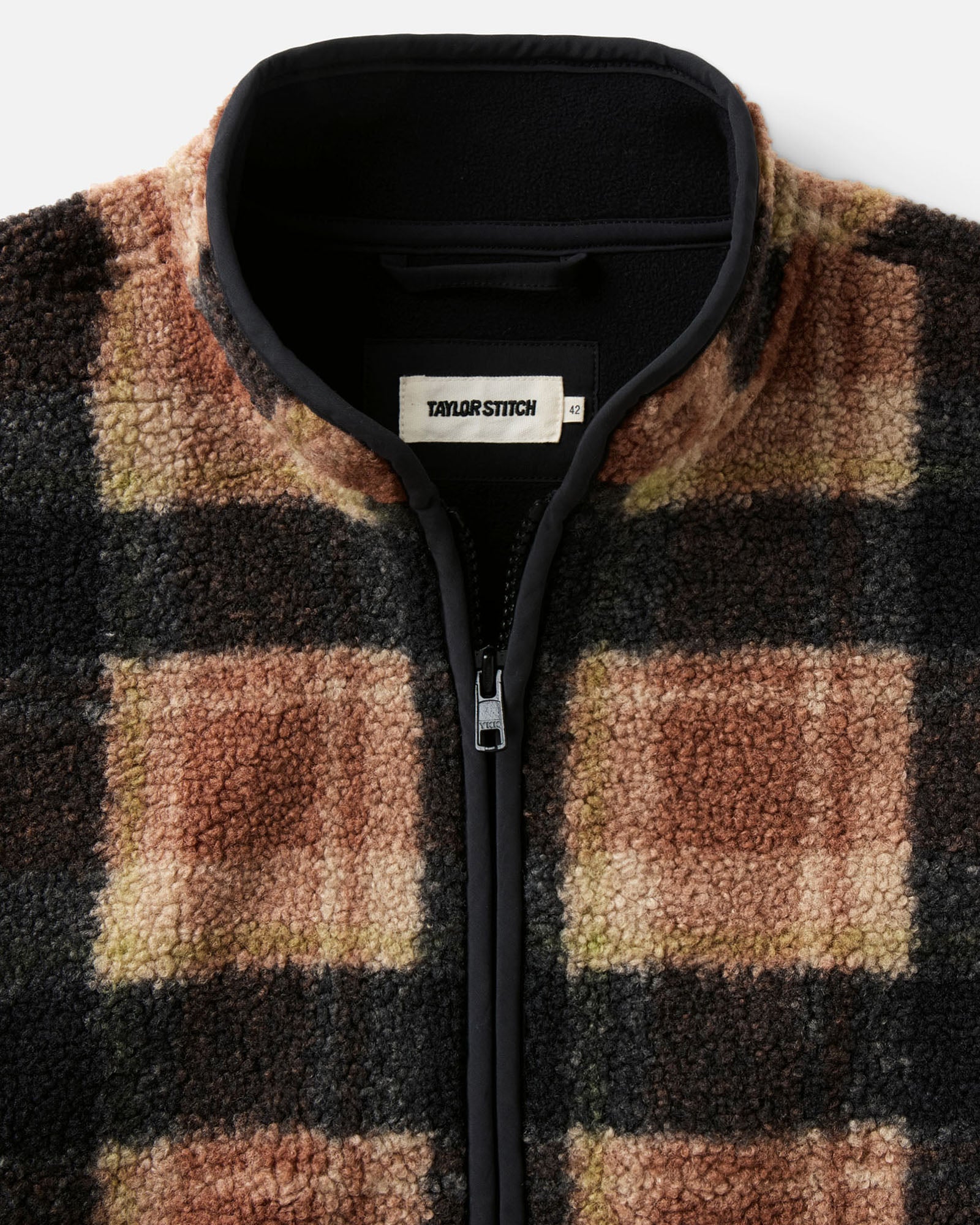 material shot of the collar on The Alta Jacket in Montana Plaid Fleece, Outerwear by Taylor Stitch