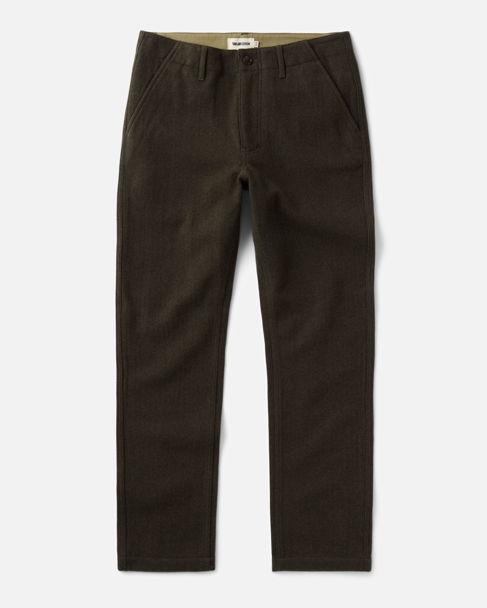 Fulll shot of the waistband on The Carnegie Pant in Army Herringbone Wool, Bottoms by Taylor Stitch