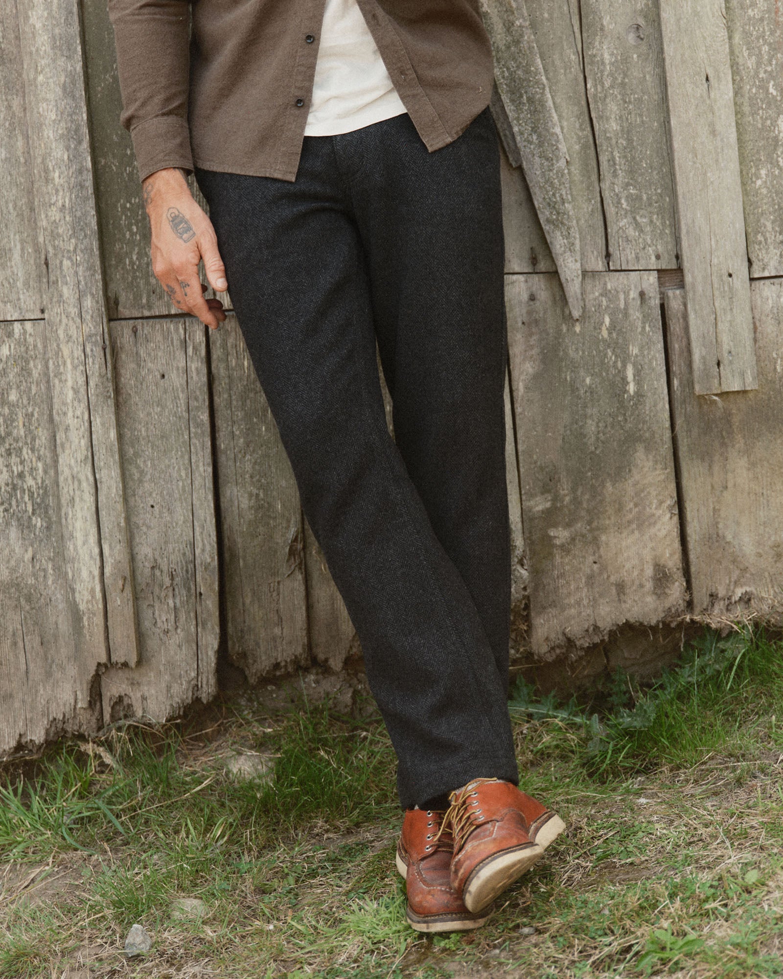 fit model showing off The Carnegie Pant in Coal Herringbone Wool, Bottoms by Taylor Stitch