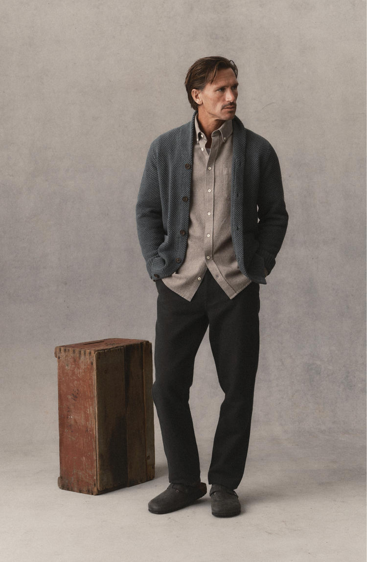 fit model posing in The Carnegie Pant in Faded Black Washed Moleskin