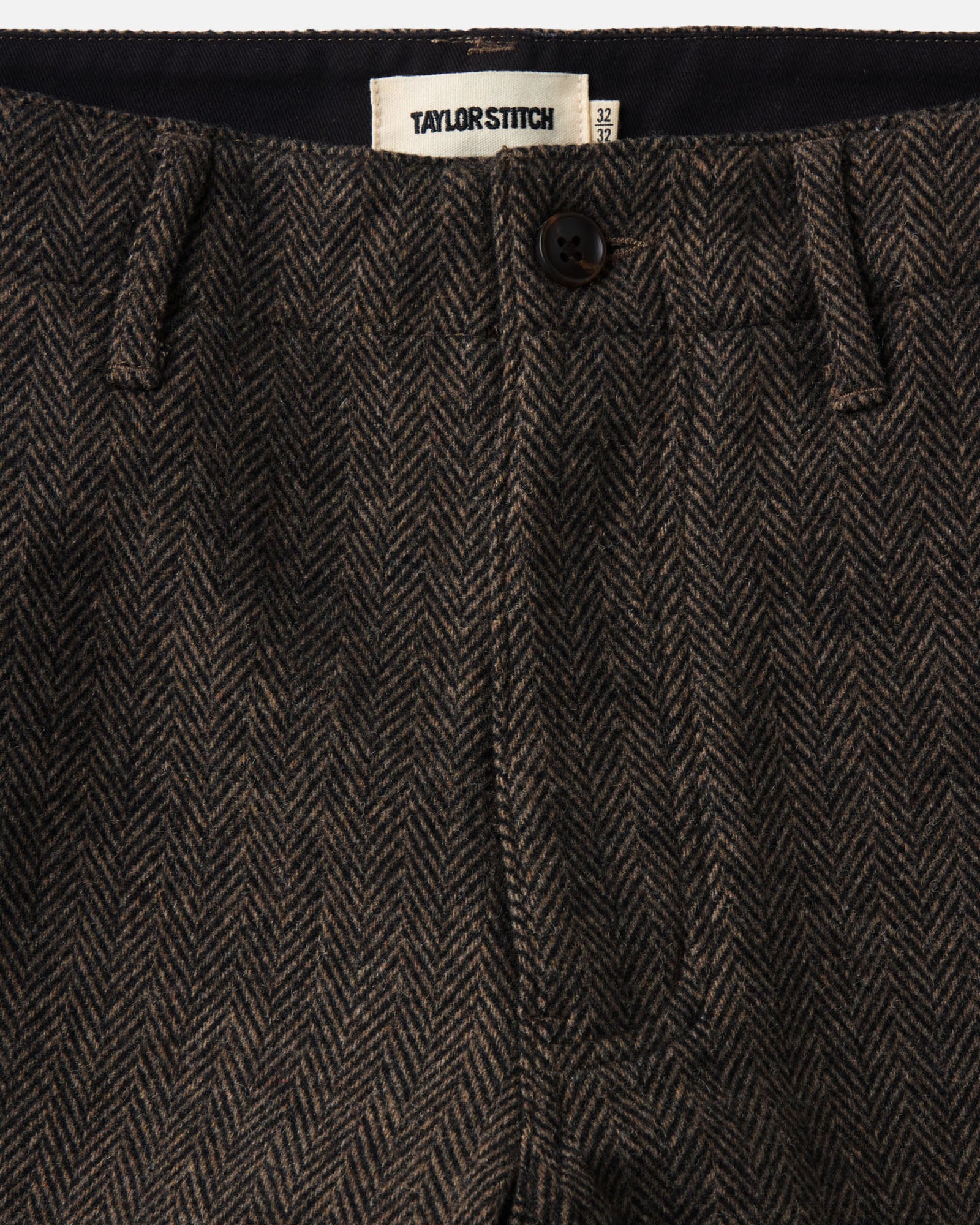 material shot of the waistband on The Carnegie Pant in Walnut Herringbone Wool, Bottoms by Taylor Stitch
