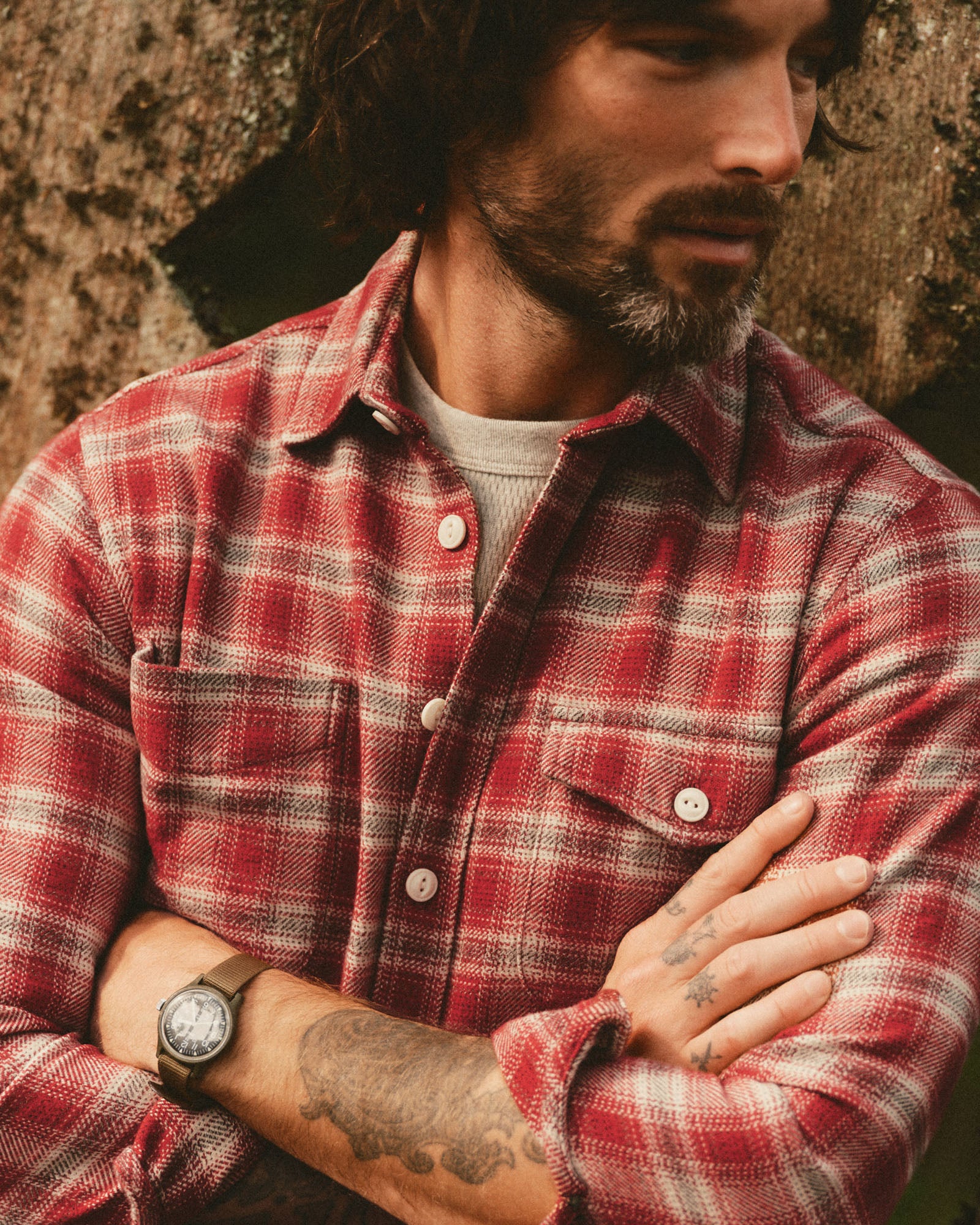 fit model showing off The Crater Shirt in Denver Plaid, Wovens by Taylor Stitch