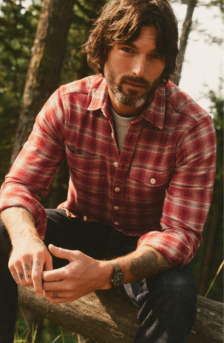 fit model posing in The Crater Shirt in Denver Plaid