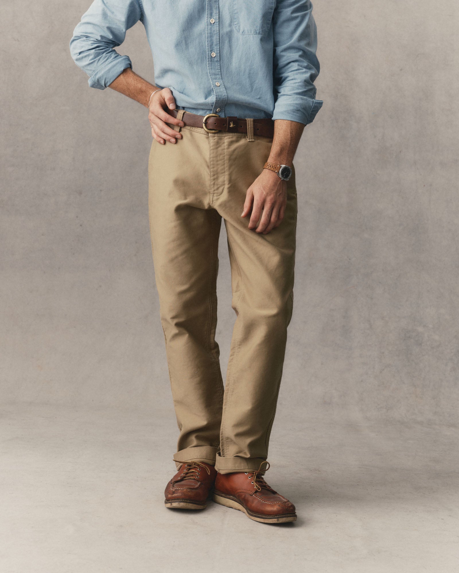 fit model showing off The Deck Pant in Khaki Bedford Cord, Bottoms by Taylor Stitch