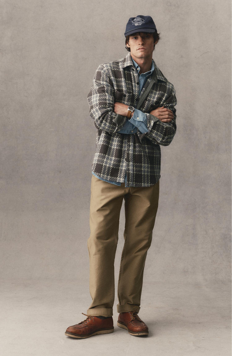 fit model posing in The Deck Pant in Khaki Bedford Cord