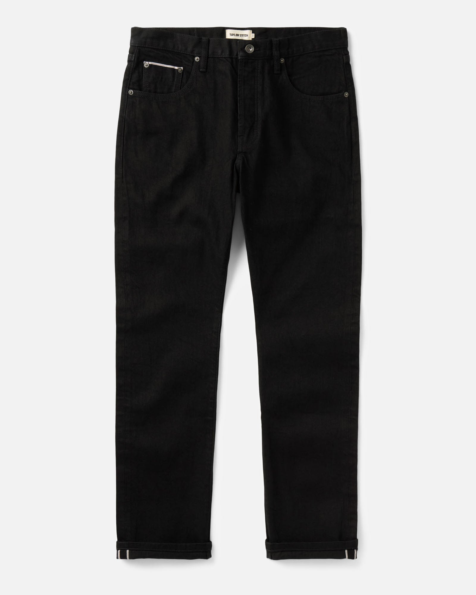 flatlay of The Democratic Jean in Rinsed Black Organic Selvedge, Bottoms by Taylor Stitch