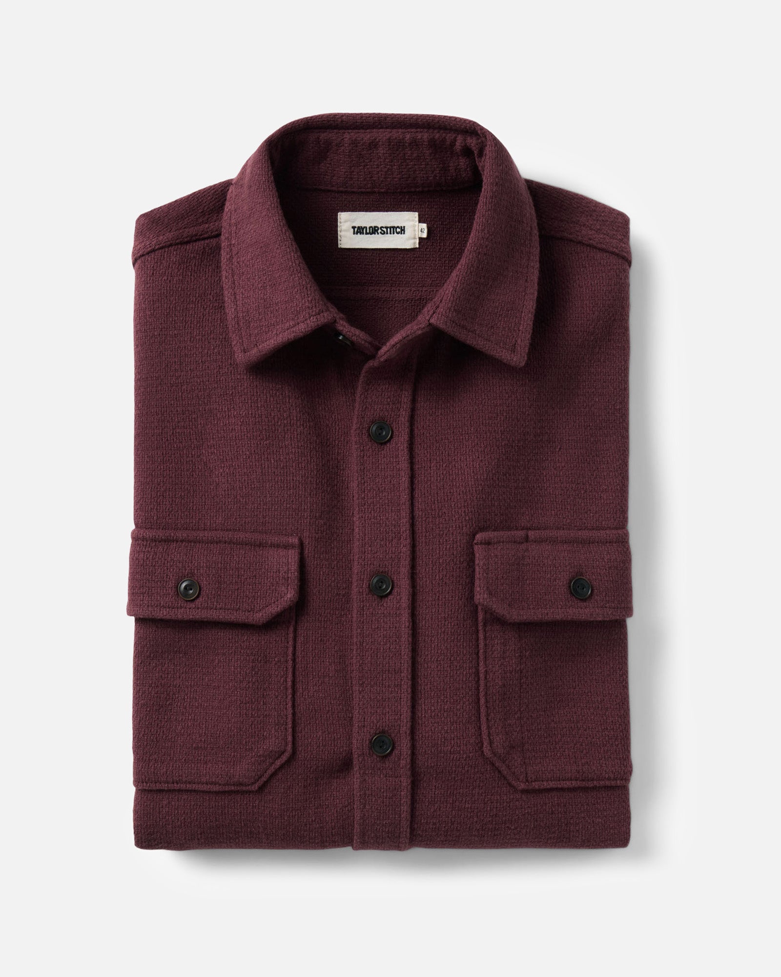 folded flatlay of The Division Shirt in Black Cherry, Wovens by Taylor Stitch