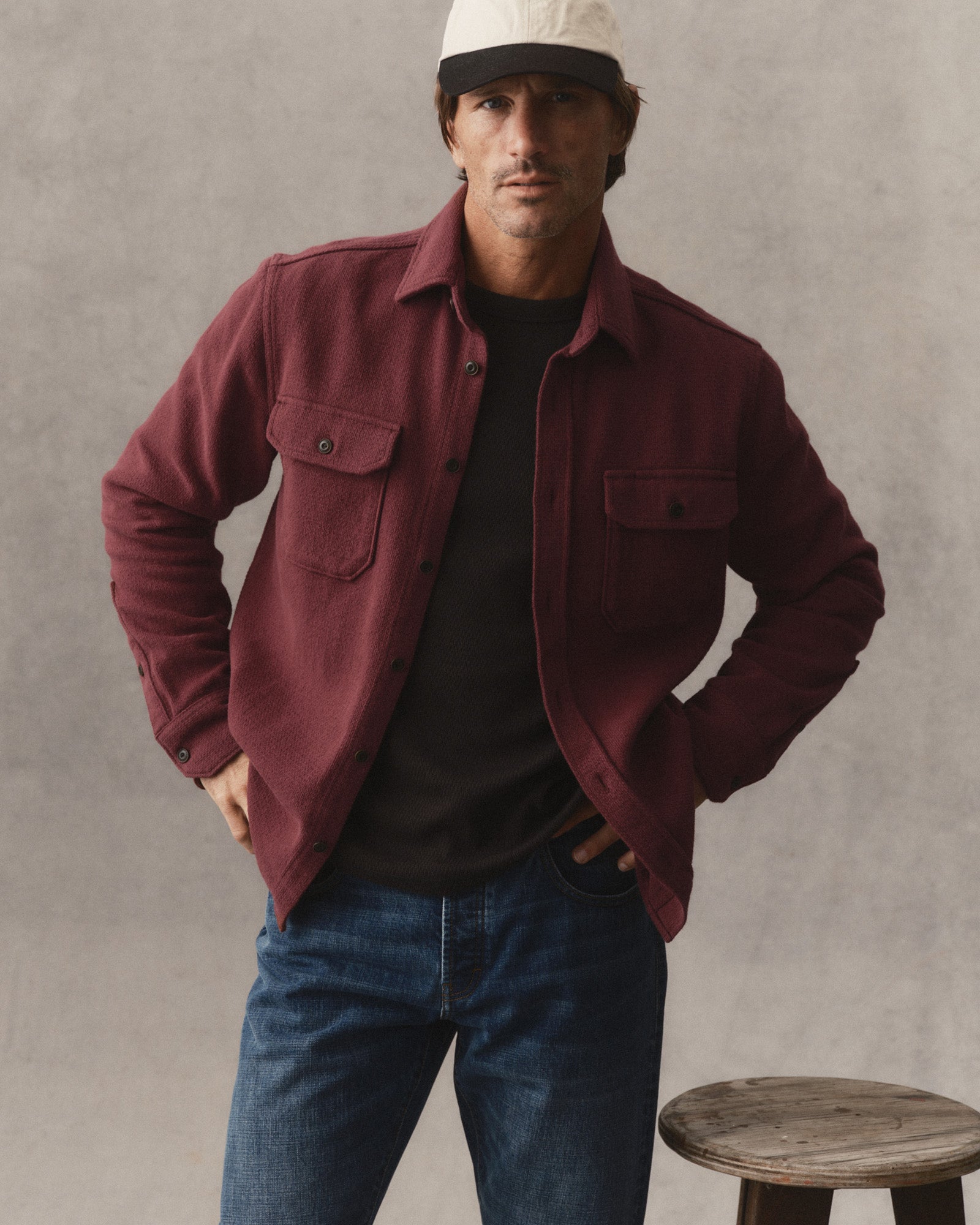 fit model posing in The Division Shirt in Black Cherry, Wovens by Taylor Stitch