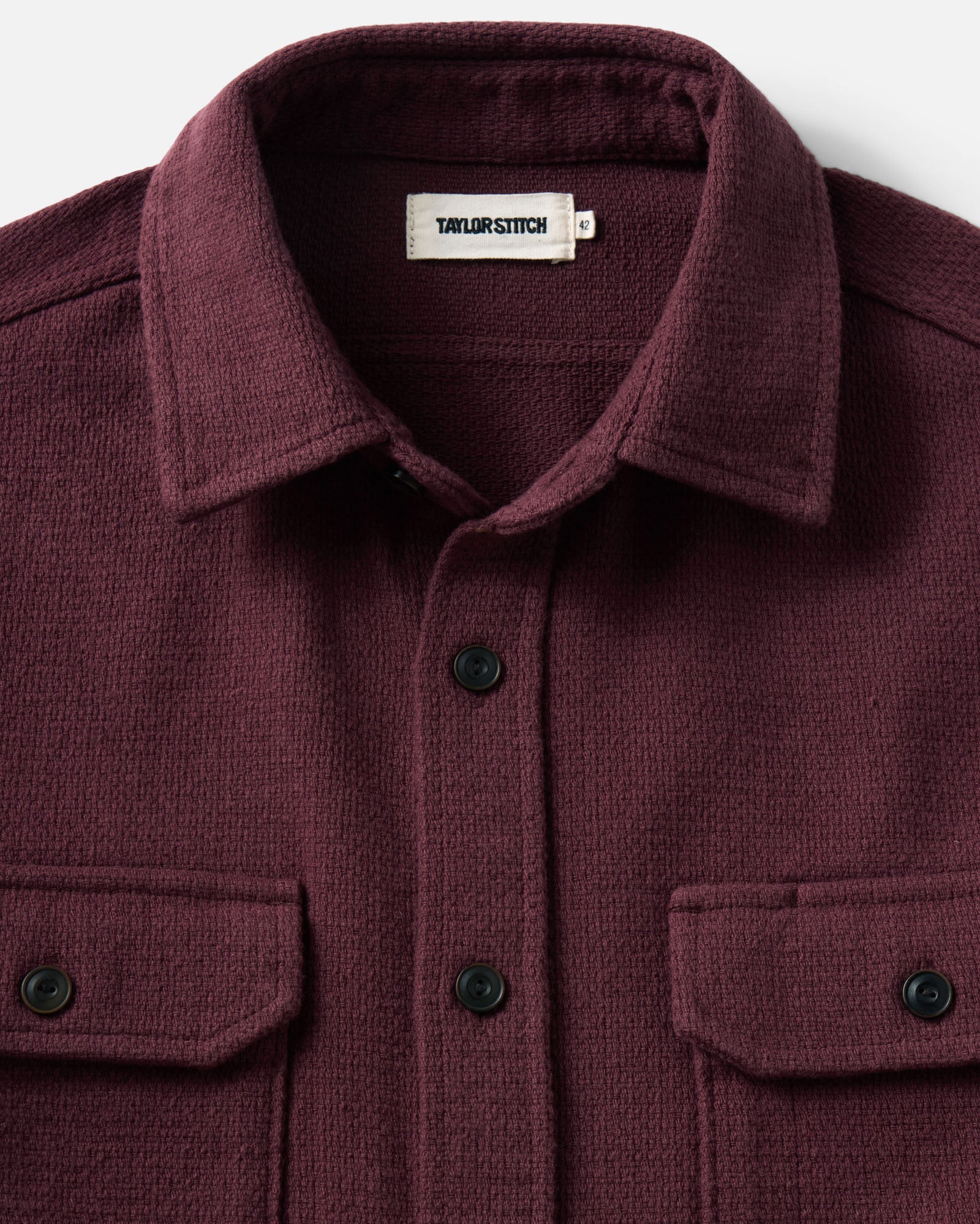 material shot of the collar on The Division Shirt in Black Cherry, Wovens by Taylor Stitch