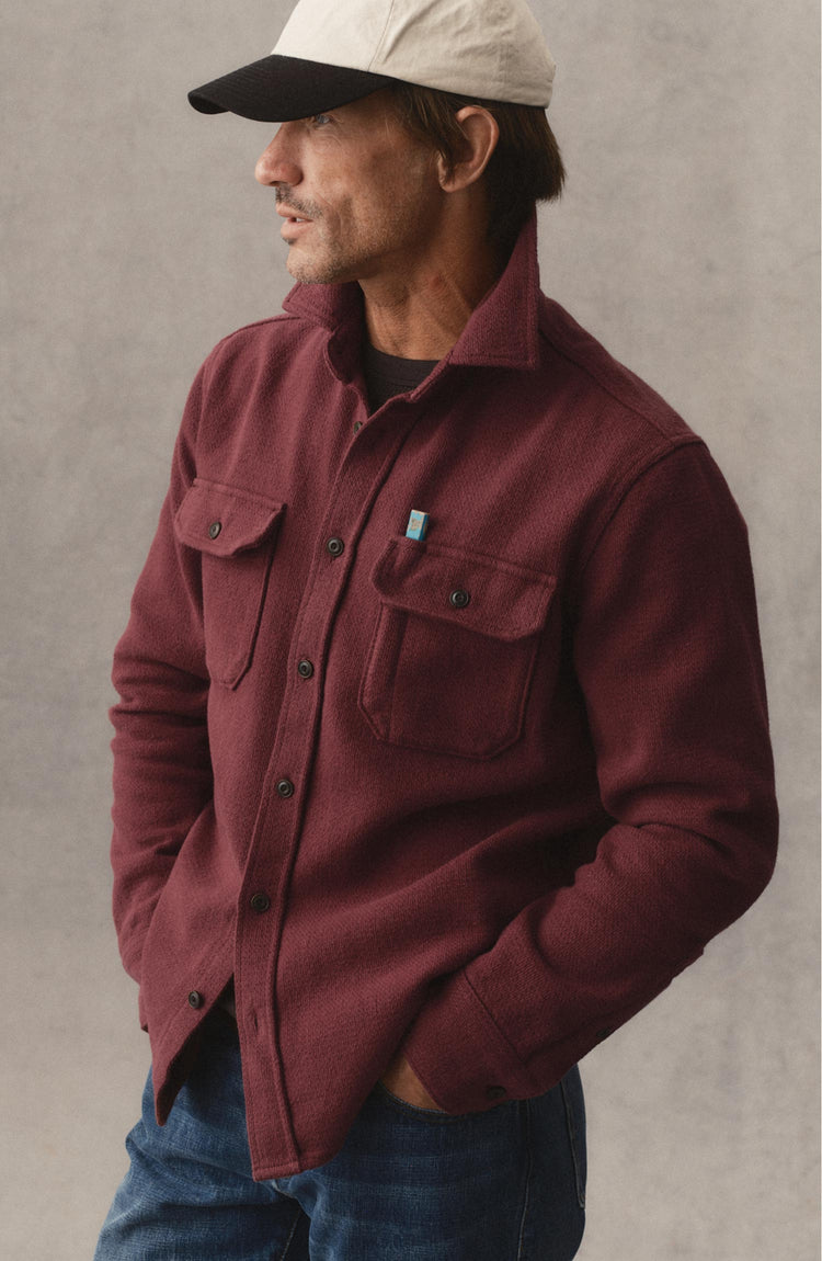 fit model posing in The Division Shirt in Black Cherry