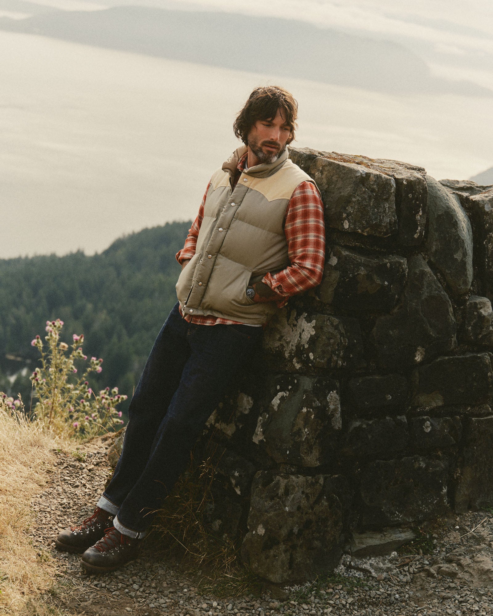 fit model showing off The Down Vest in Khaki Waxed Ripstop, Outerwear by Taylor Stitch