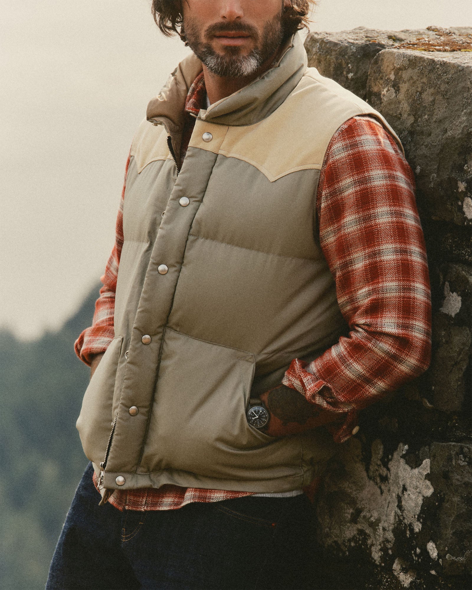 fit model showing off The Down Vest in Khaki Waxed Ripstop, Outerwear by Taylor Stitch