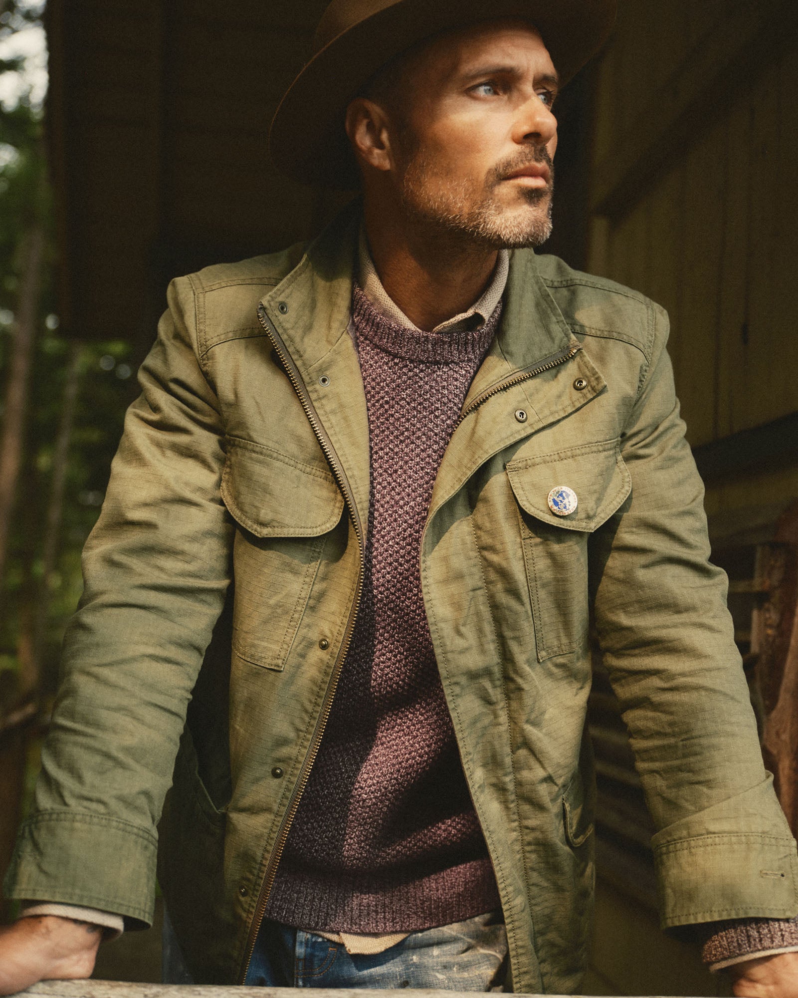 fit model showing off The Field Jacket in Burnt Olive Ripstop, Outerwear by Taylor Stitch