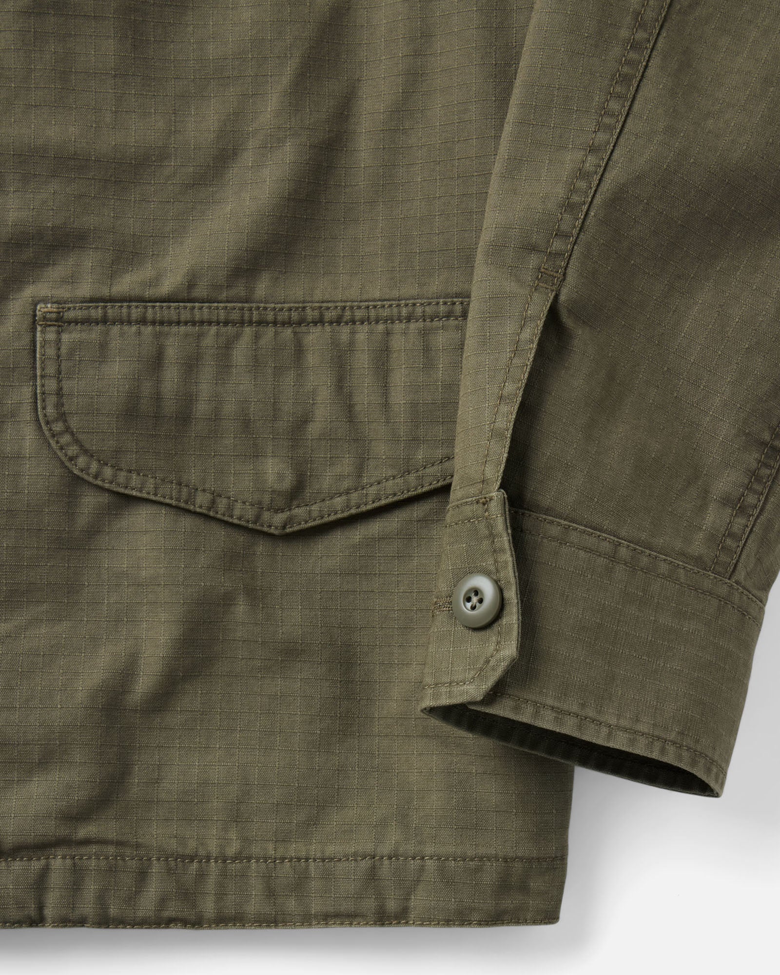 material shot of the sleeve on The Field Jacket in Burnt Olive Ripstop, Outerwear by Taylor Stitch