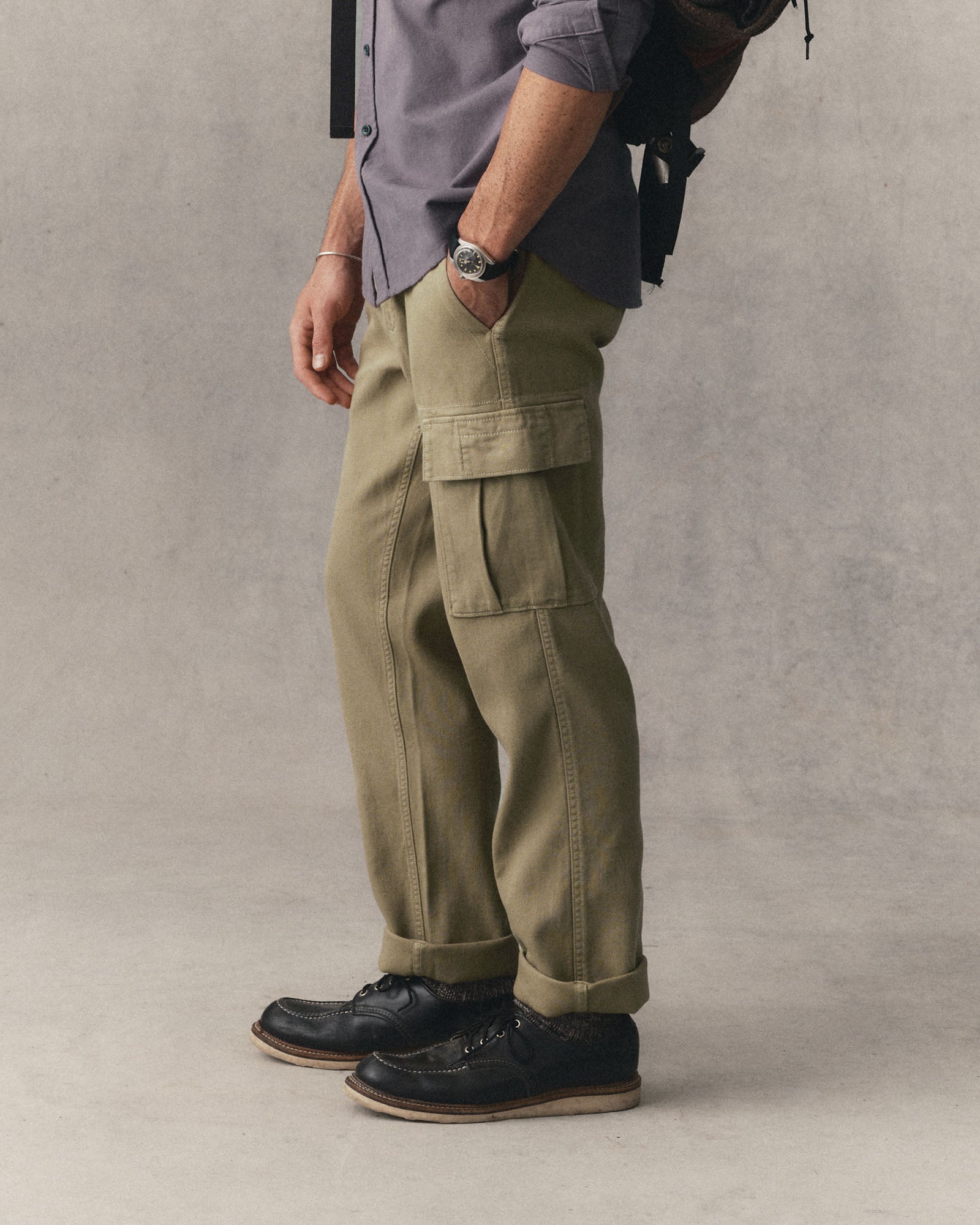 fit model showing off The Forest Cargo Pant in Field Khaki Broken Twill, Bottoms by Taylor Stitch