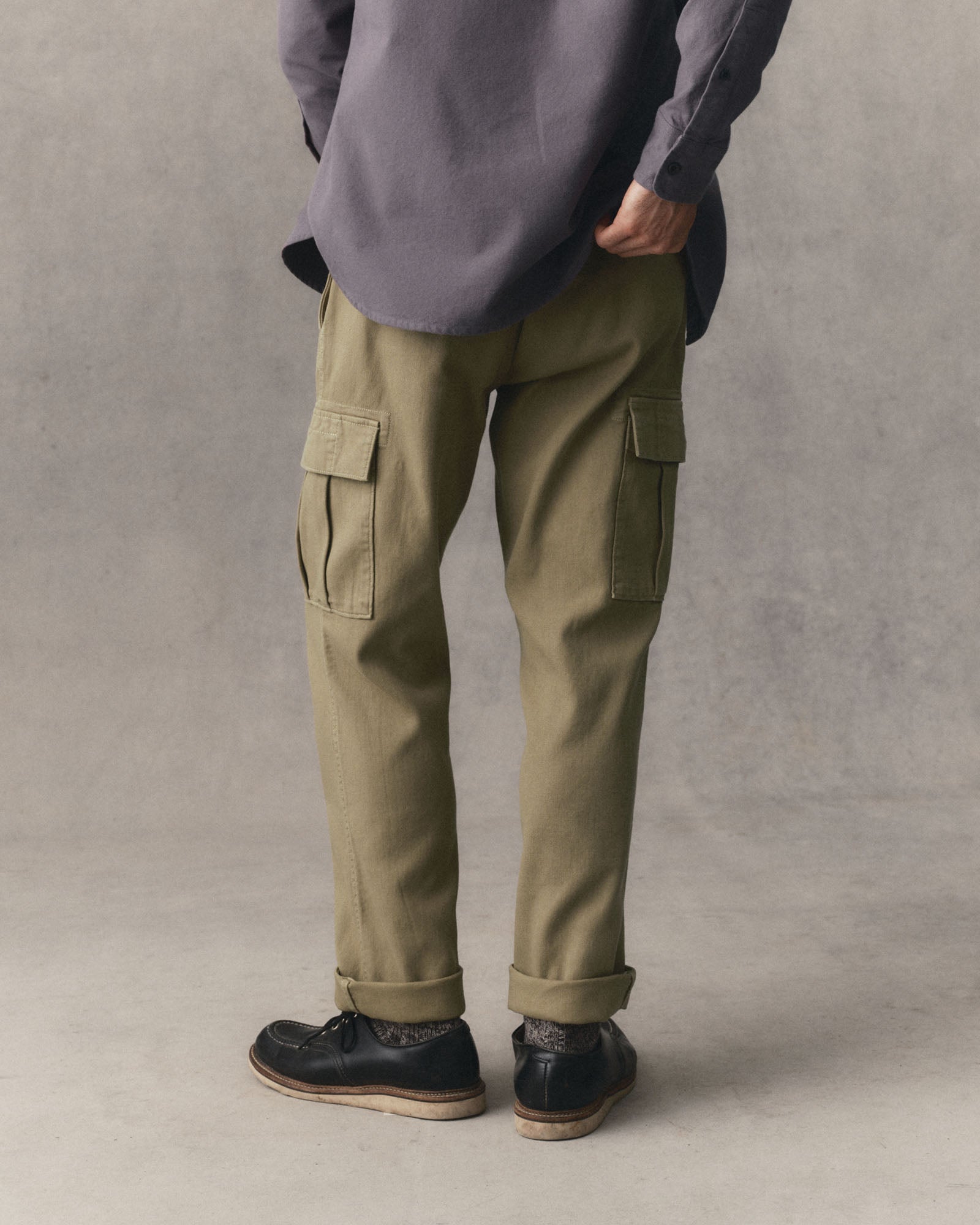 fit model showing off the back of The Forest Cargo Pant in Field Khaki Broken Twill, Bottoms by Taylor Stitch