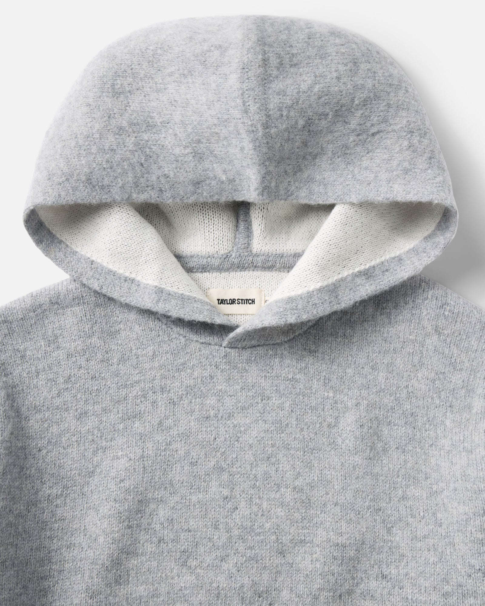 material shot of the hood on The Haven Sweater Hoodie in Heather Grey Wool, Sweaters by Taylor Stitch