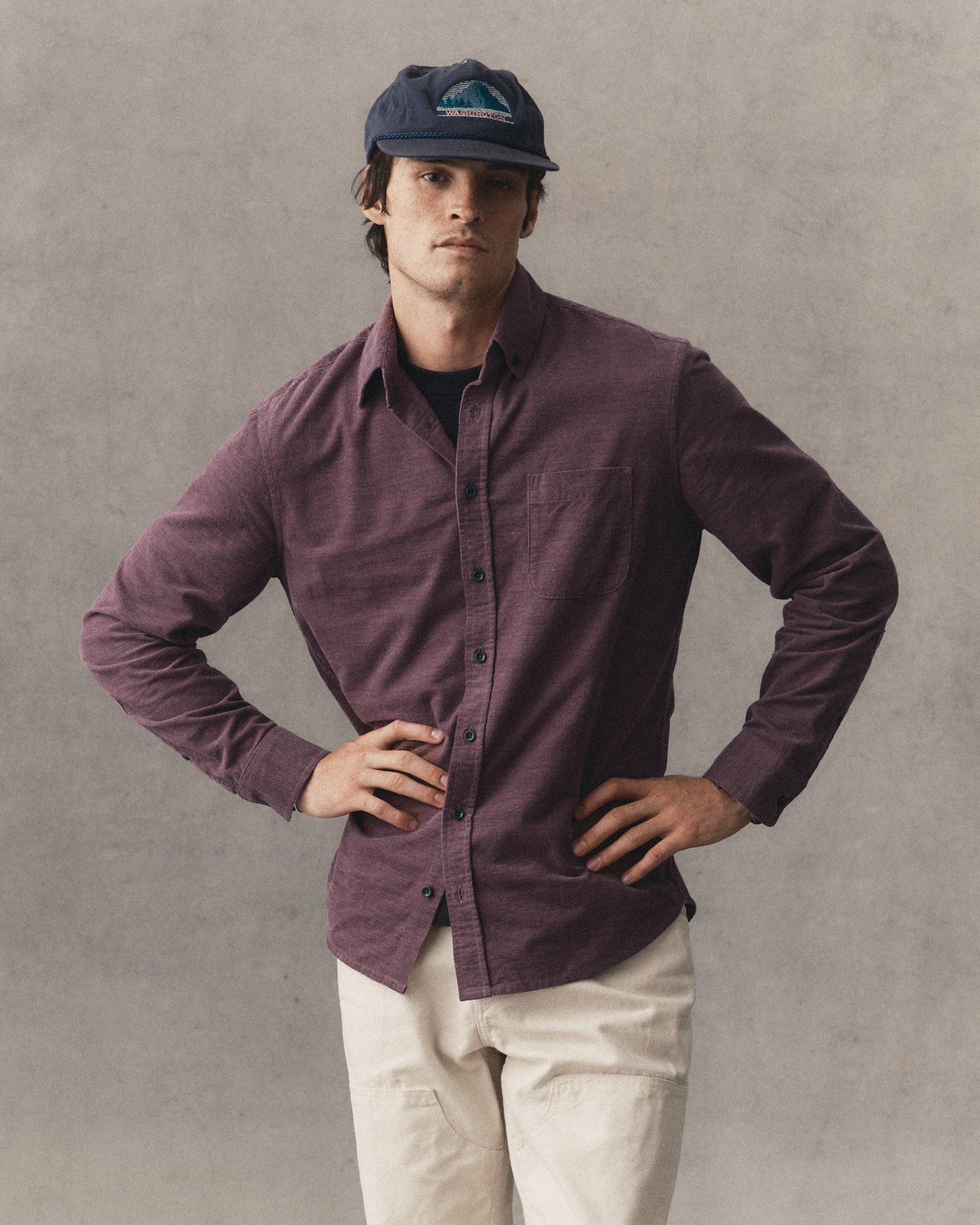 fit model showing off The Jack in Heather Plum Pincord, Wovens by Taylor Stitch