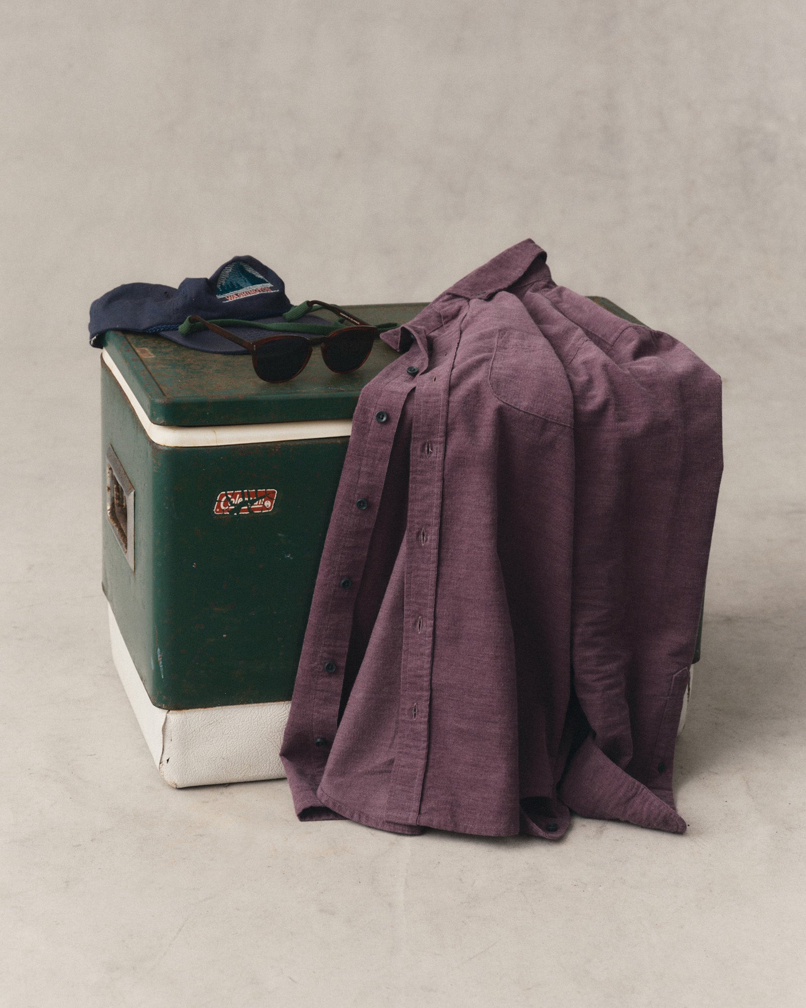 editorial image of The Jack in Heather Plum Pincord on a cooler, Wovens by Taylor Stitch