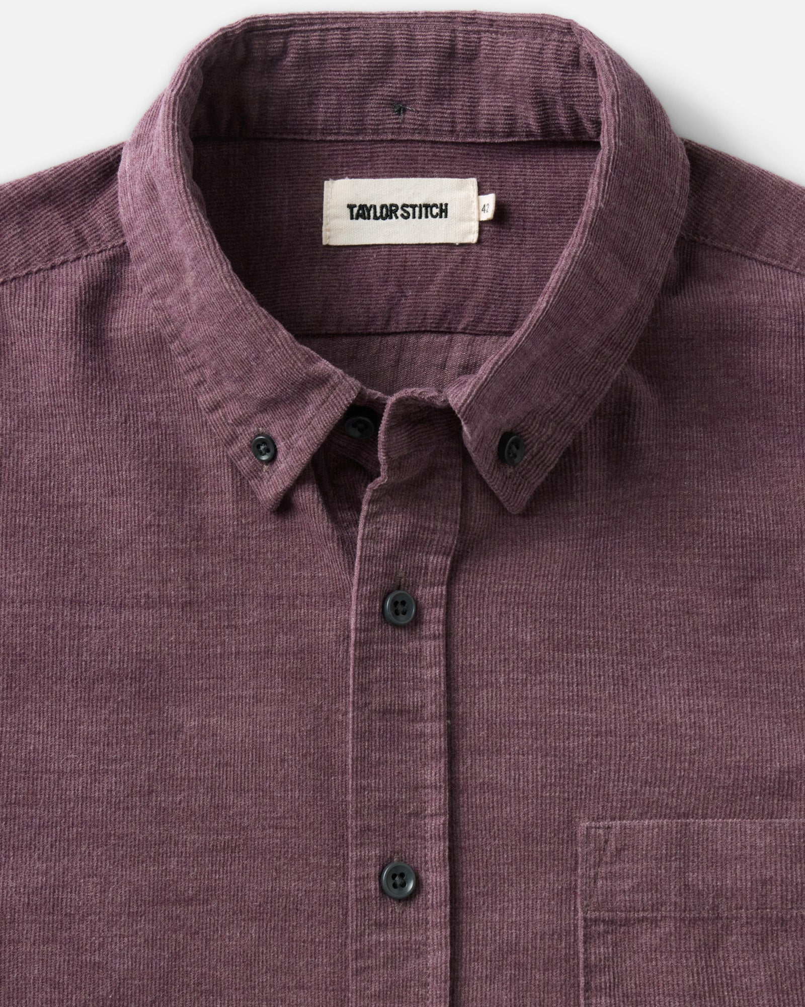 material shot of the collar on The Jack in Heather Plum Pincord, Wovens by Taylor Stitch