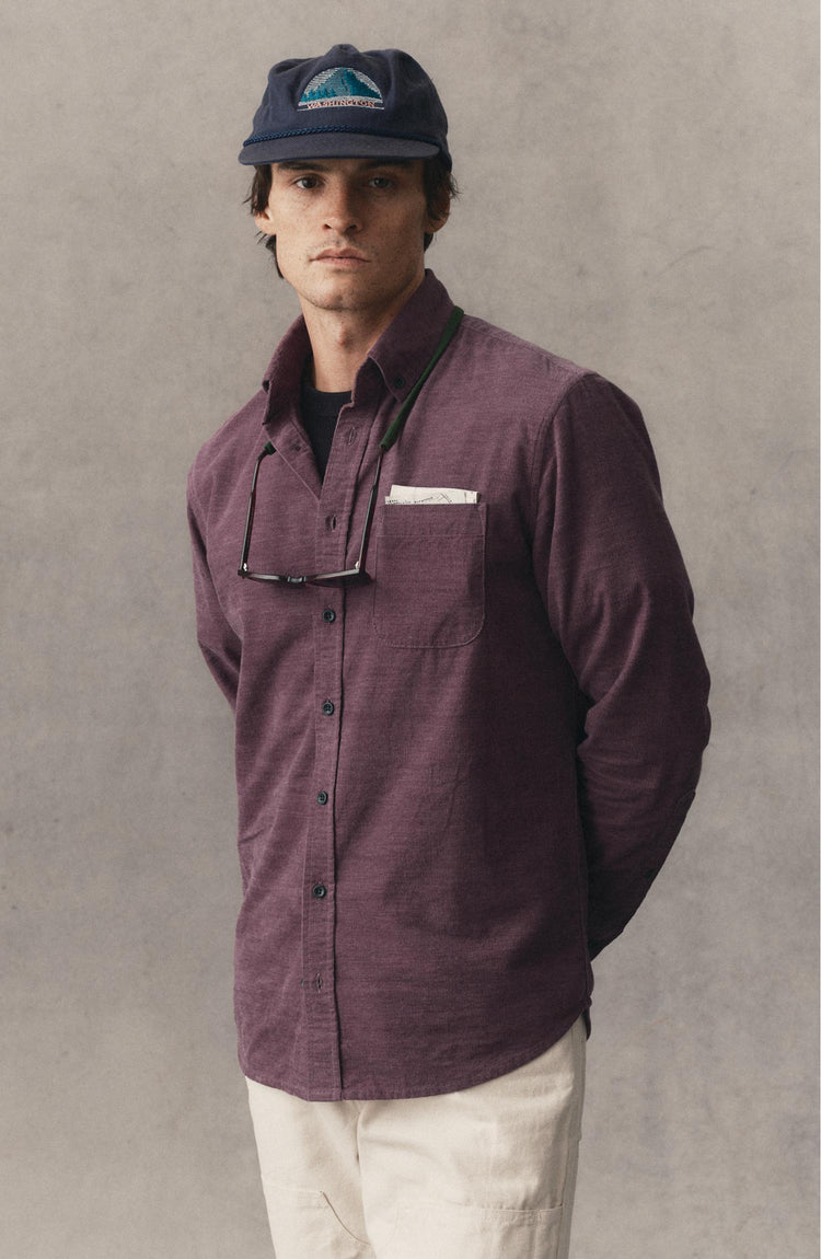 fit model posing in The Jack in Heather Plum Pincord