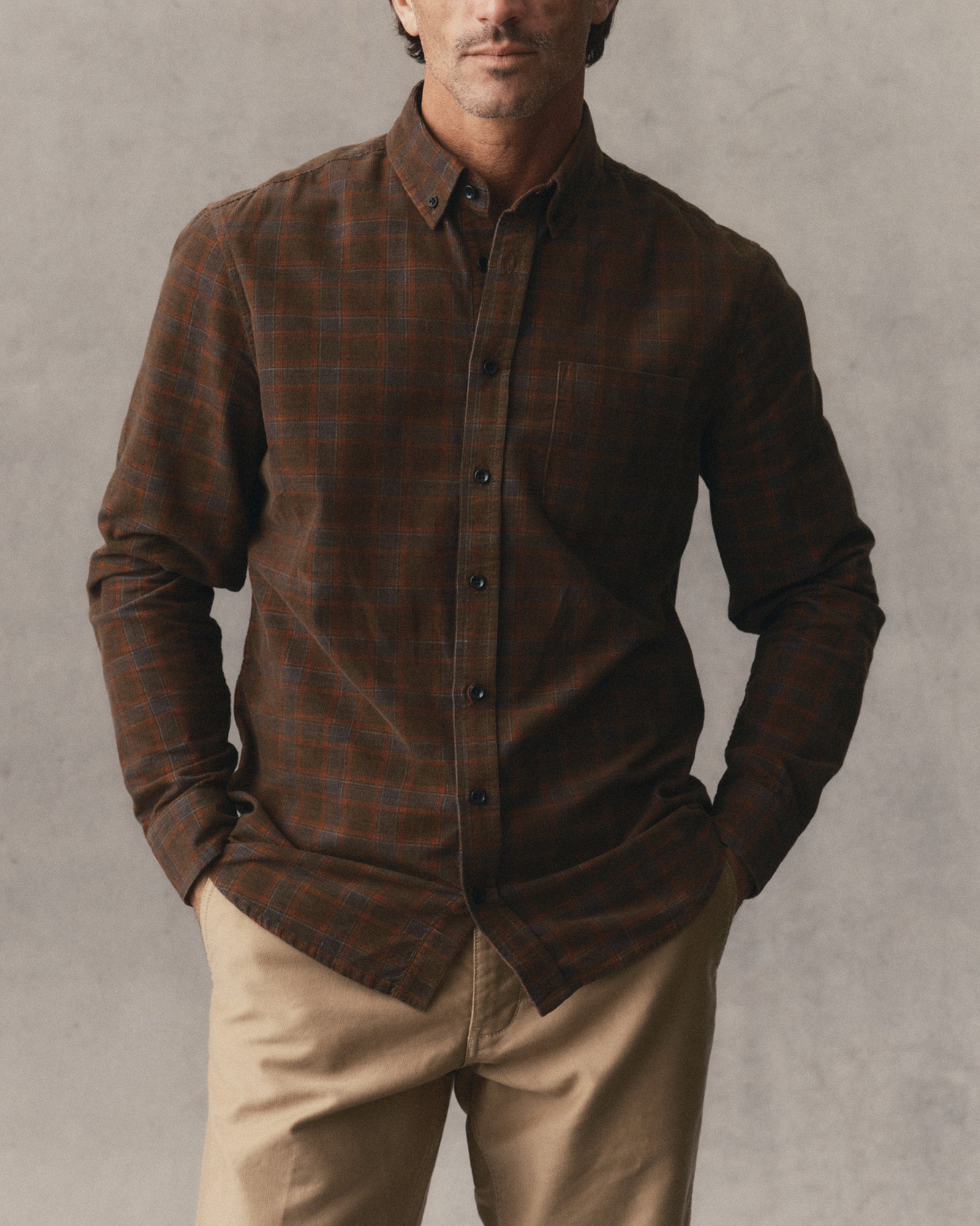 fit mdoel showing off The Jack in Mulch Check Pincord, Wovens by Taylor Stitch