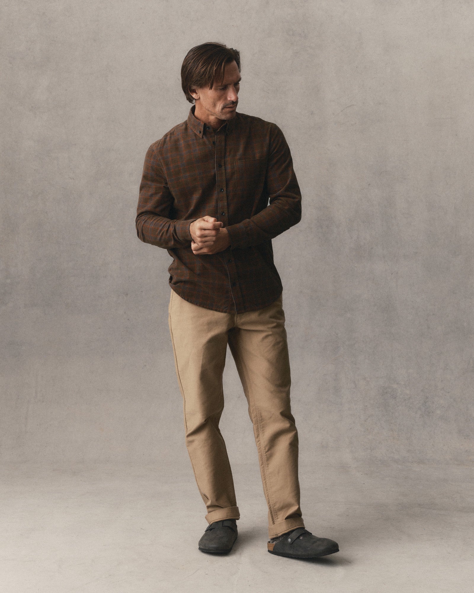 fit model posing in The Jack in Mulch Check Pincord, Wovens by Taylor Stitch