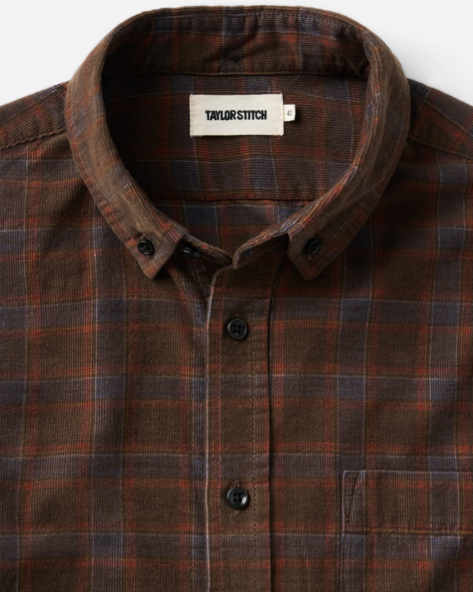 material shot of the collar on The Jack in Mulch Check Pincord, Wovens by Taylor Stitch