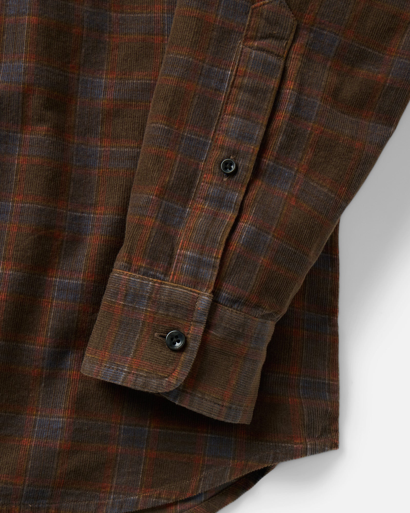 material shot of the sleeve on The Jack in Mulch Check Pincord, Wovens by Taylor Stitch
