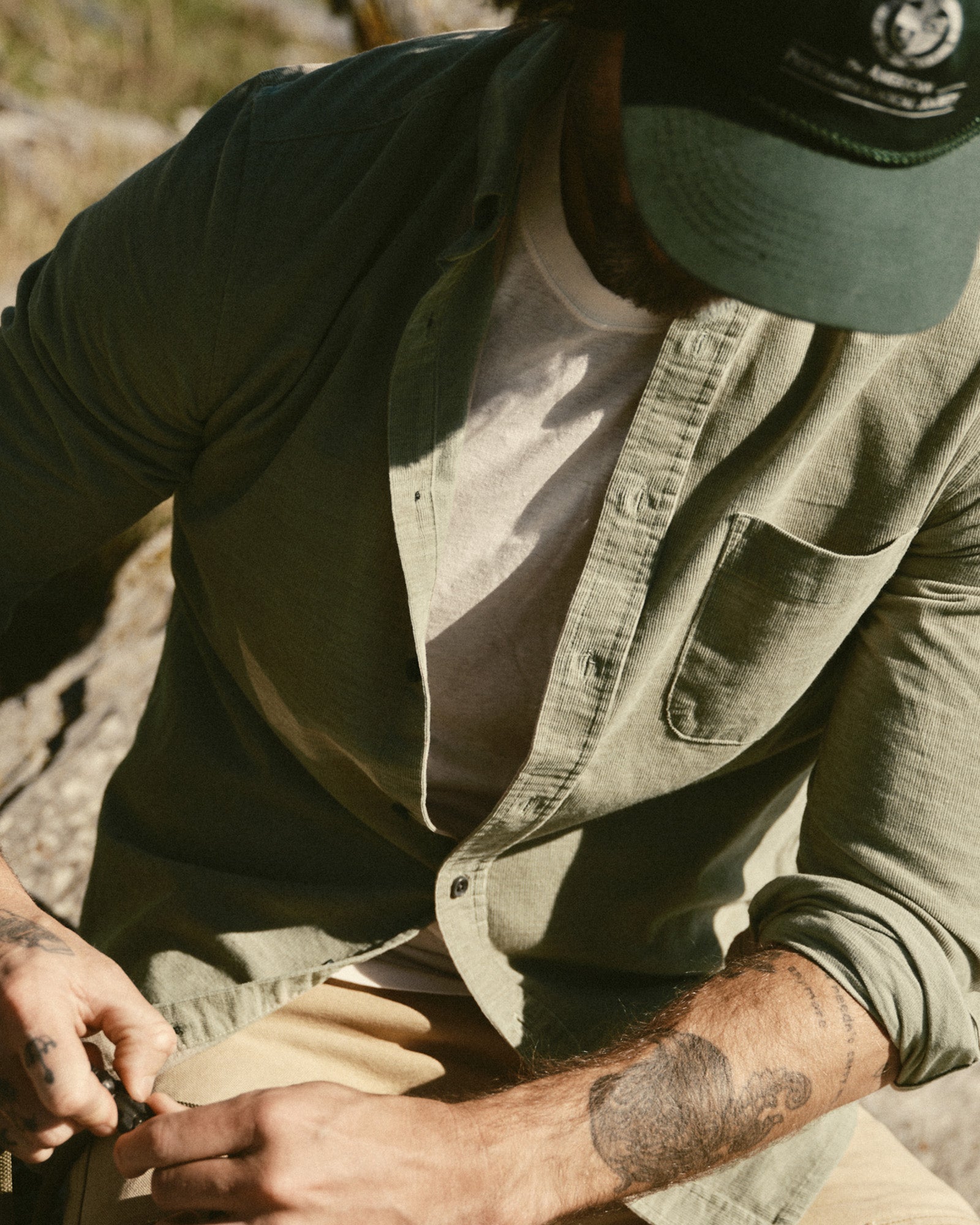 fit model posing in The Jack in Heather Moss Pincord, Wovens by Taylor Stitch