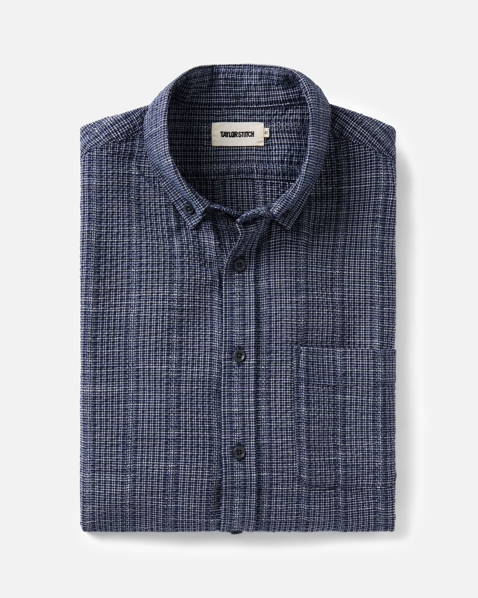 folded flatlay of The Jack in Indigo Basketweave Check, Wovens by Taylor Stitch