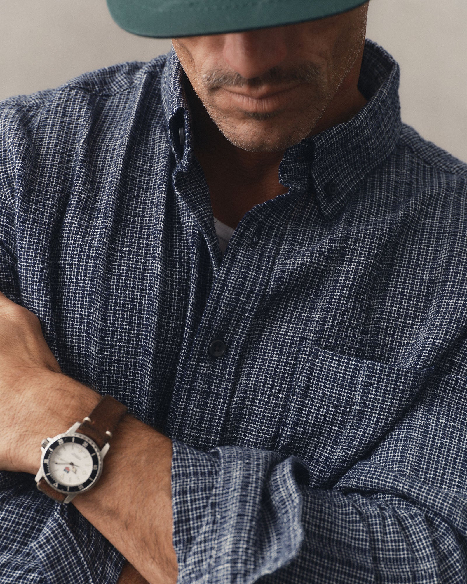 fit model posing in The Jack in Indigo Basketweave Check, Wovens by Taylor Stitch
