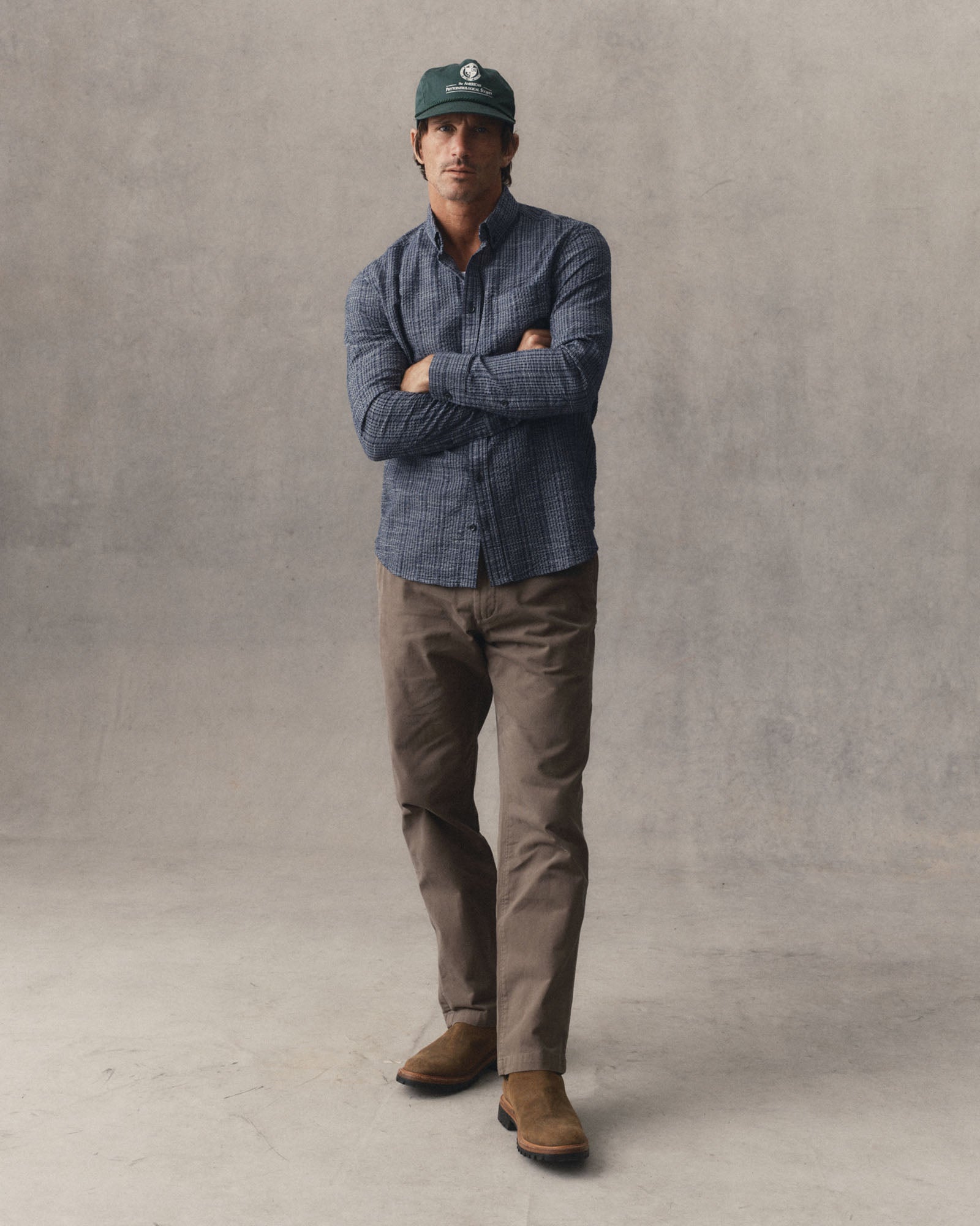 fit model wearing The Jack in Indigo Basketweave Check, Wovens by Taylor Stitch