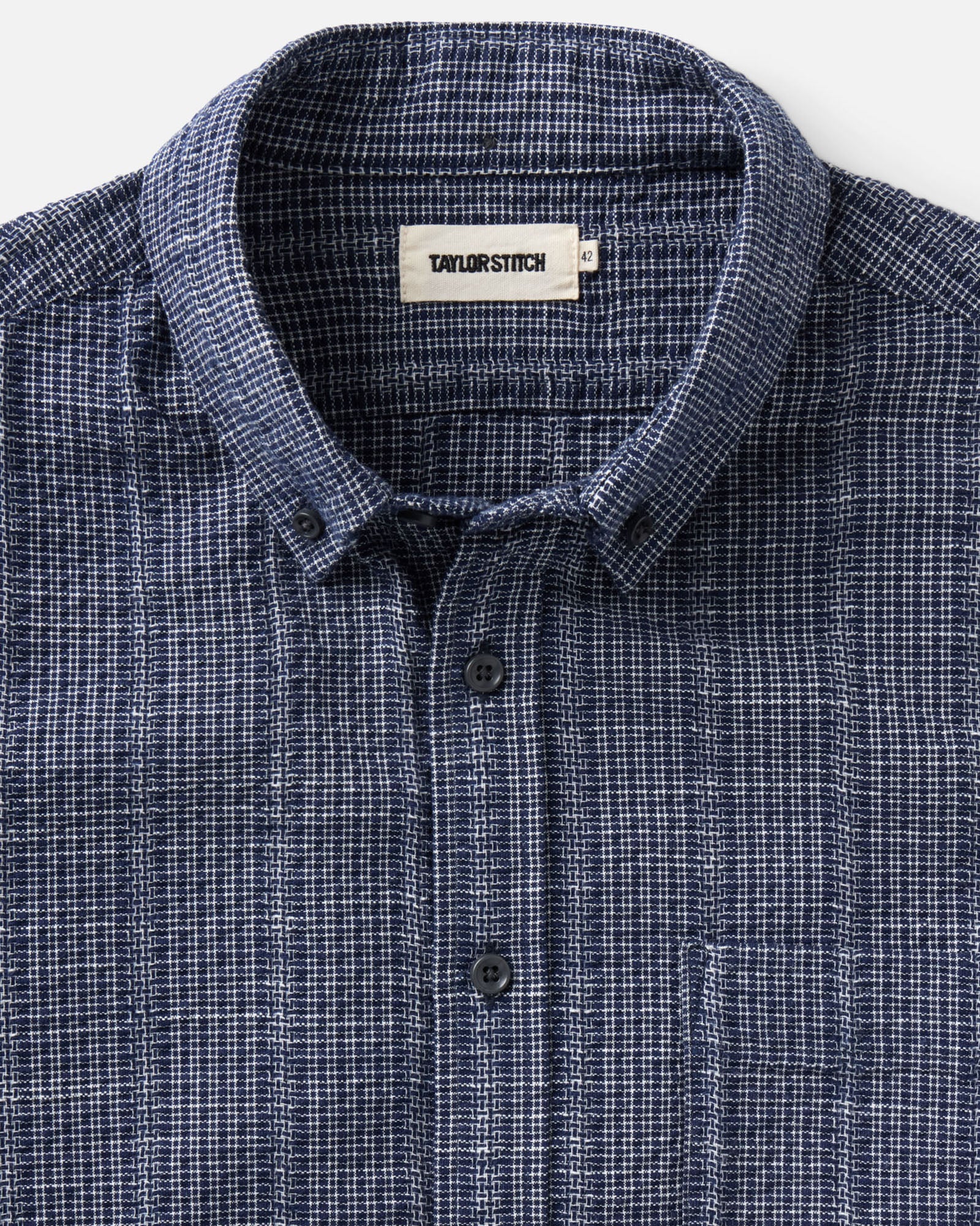 material shot of the collar on The Jack in Indigo Basketweave Check, Wovens by Taylor Stitch