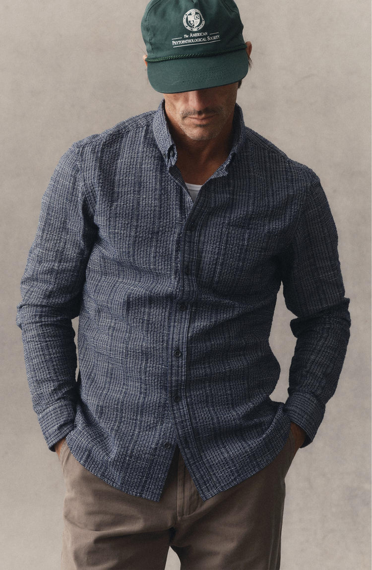 fit model posing in The Jack in Indigo Basketweave Check
