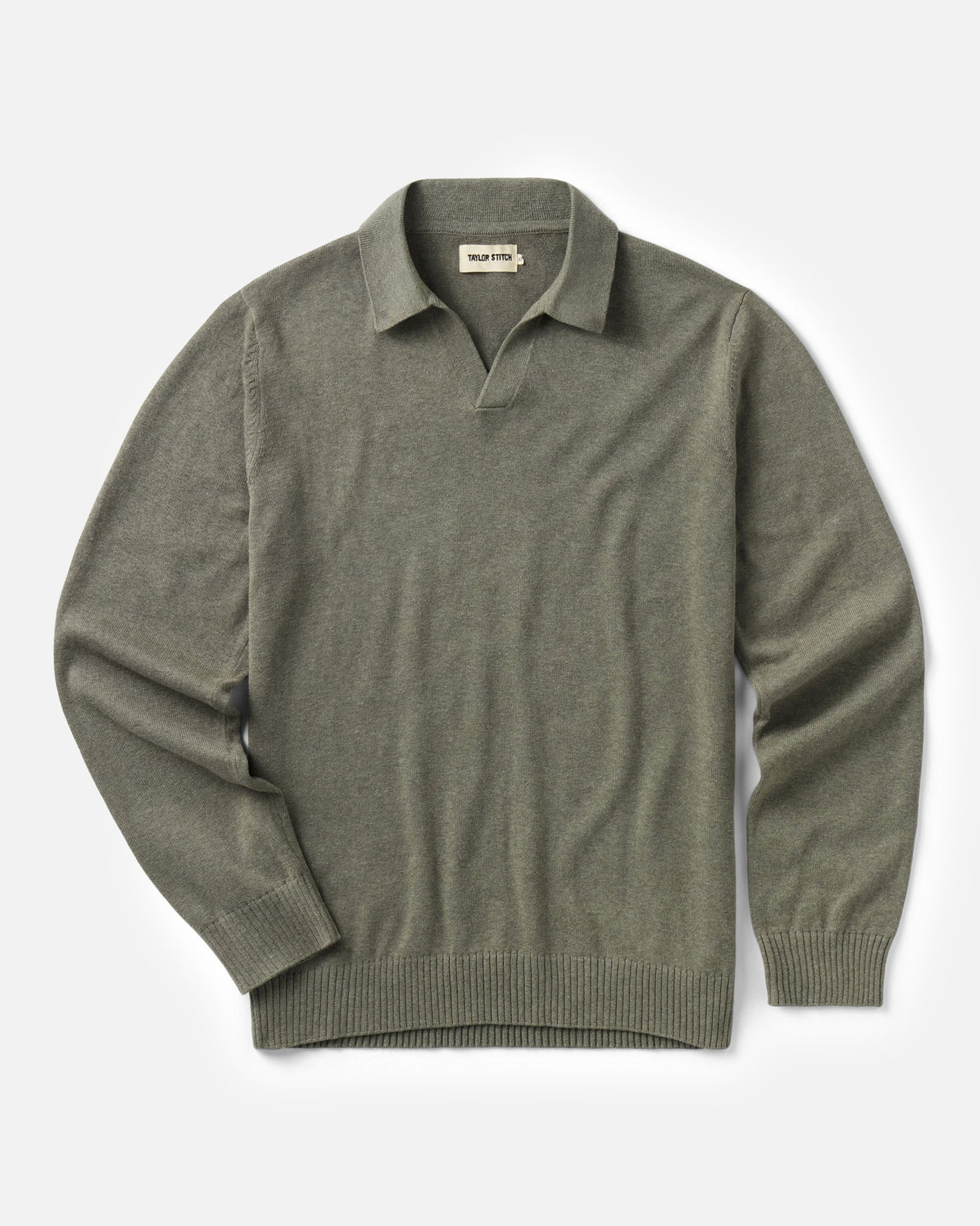flatlay of The Long Sleeve Valencia Sweater Polo in Olive, Sweaters by Taylor Stitch