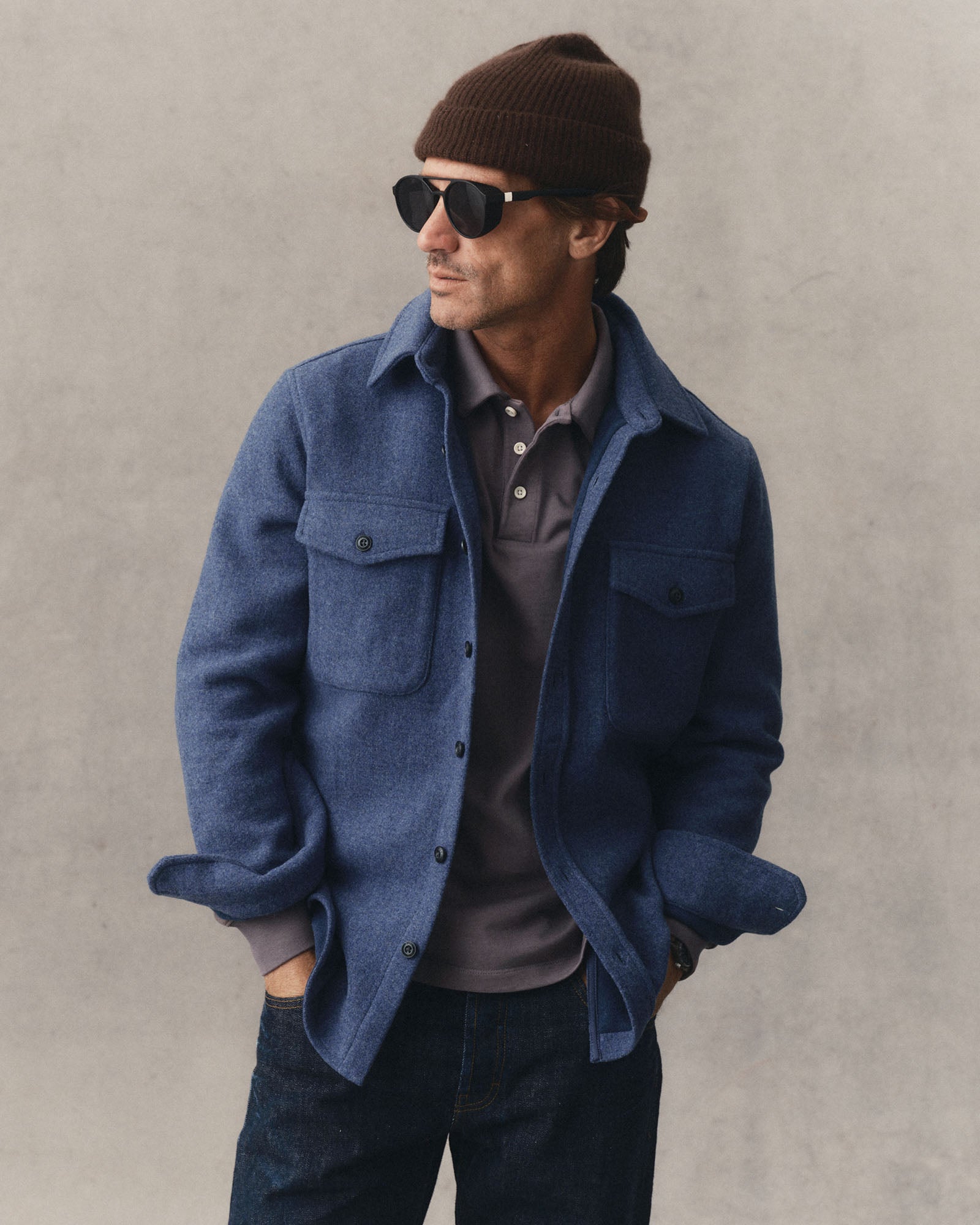 fit model showing off The Maritime Shirt Jacket in Heather Navy Wool, Outerwear by Taylor Stitch